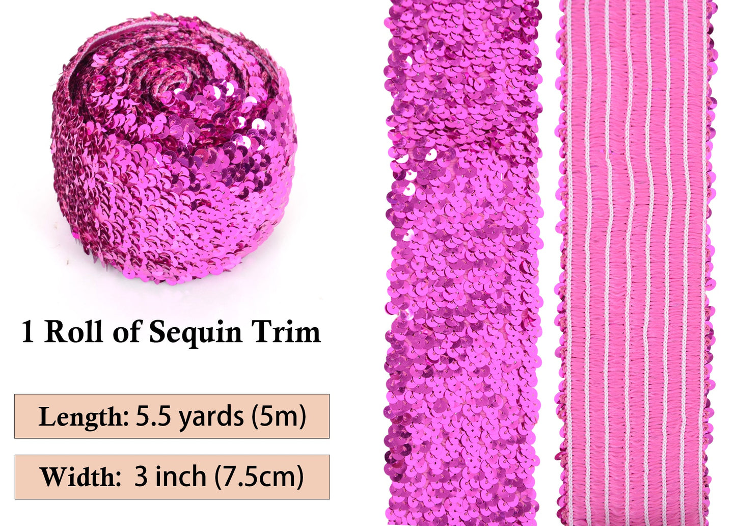 Elastic Sequin Trim, 3 Inch 8 Row Wide Flat Glitter Bling Fabric Paillette Sequin Ribbon, Metallic Sewing DIY Project, 5.5 Yards