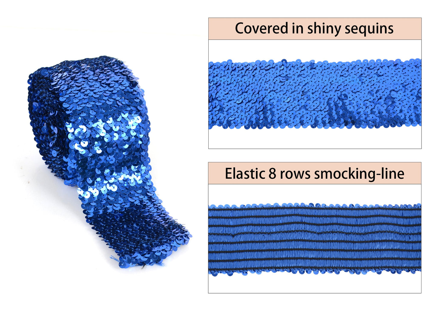 Elastic Sequin Trim, 3 Inch 8 Row Wide Flat Glitter Bling Fabric Paillette Sequin Ribbon, Metallic Sewing DIY Project, 5.5 Yards