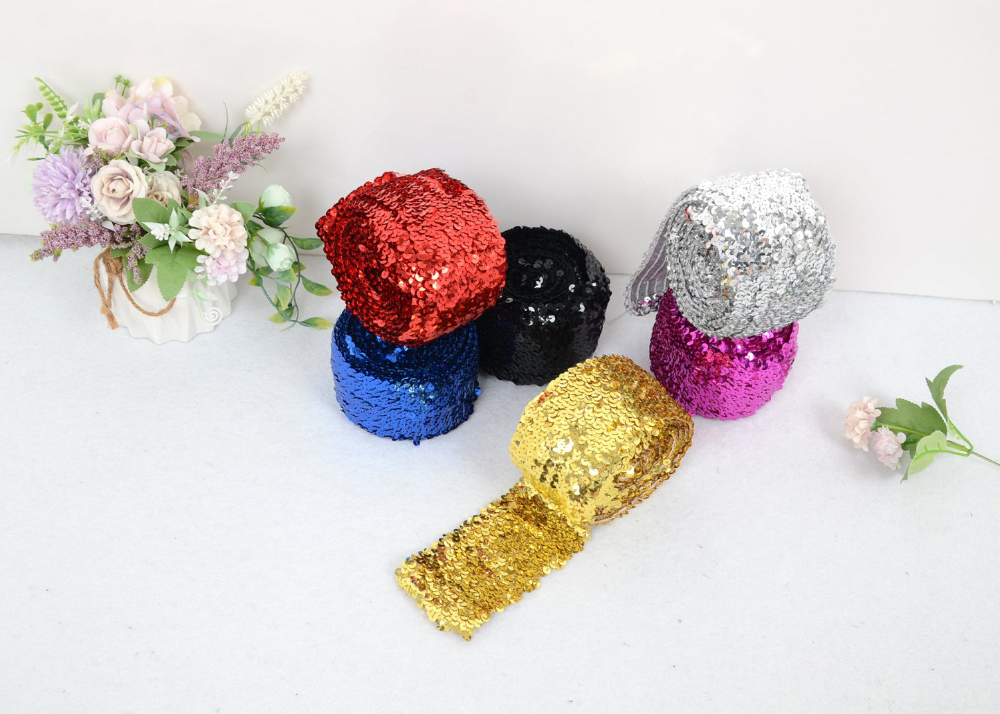 Elastic Sequin Trim, 3 Inch 8 Row Wide Flat Glitter Bling Fabric Paillette Sequin Ribbon, Metallic Sewing DIY Project, 5.5 Yards