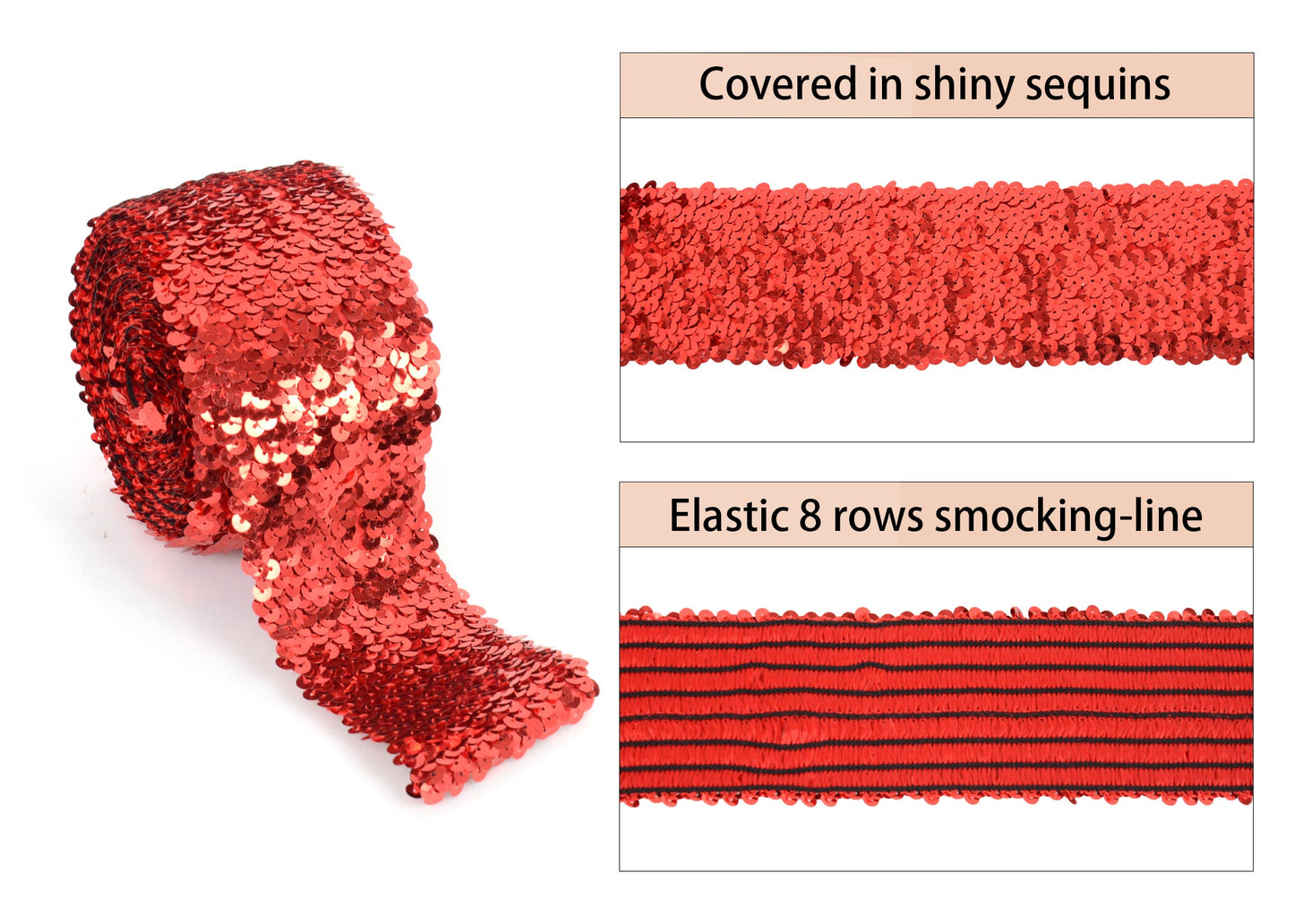 Elastic Sequin Trim, 3 Inch 8 Row Wide Flat Glitter Bling Fabric Paillette Sequin Ribbon, Metallic Sewing DIY Project, 5.5 Yards