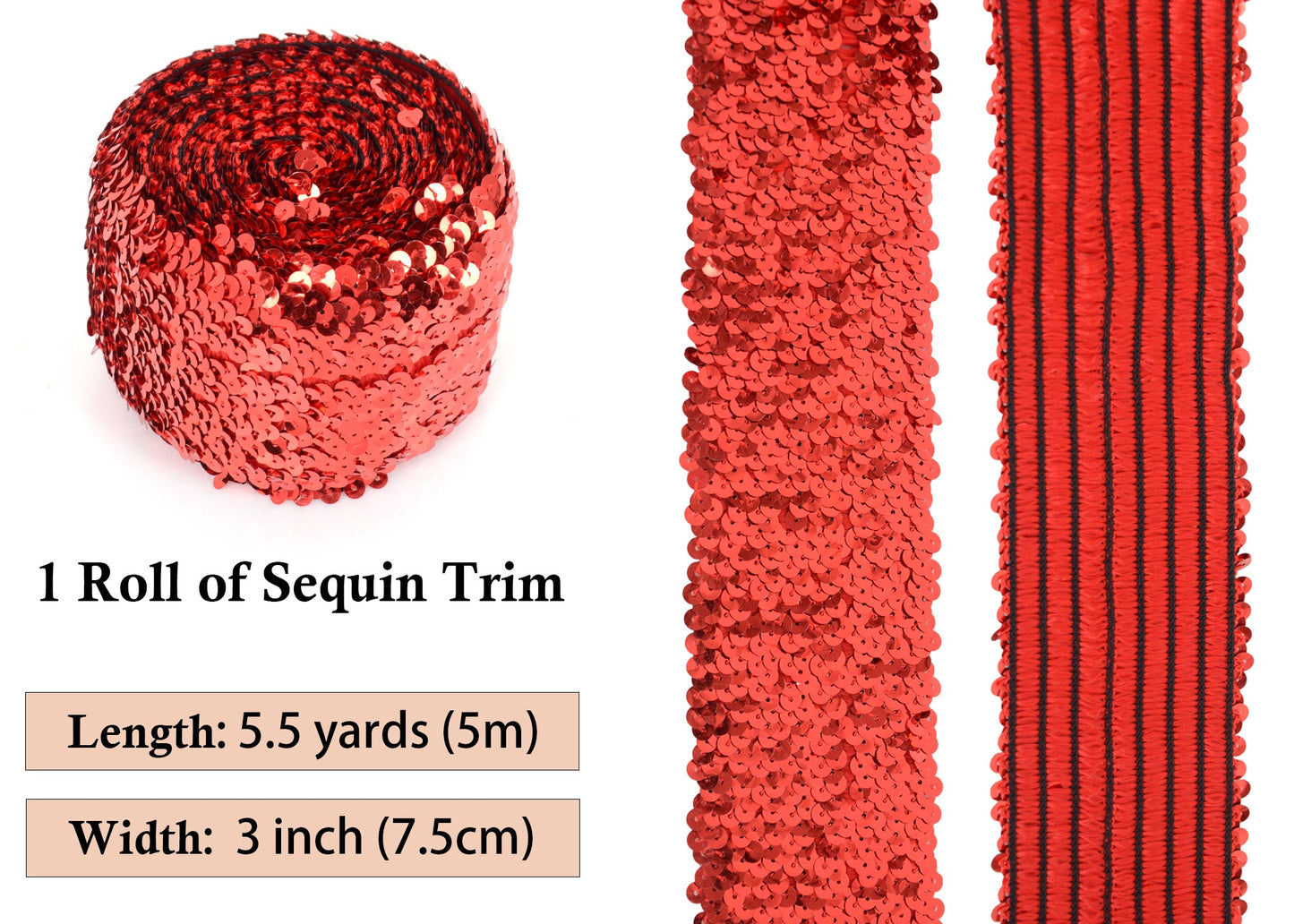 Elastic Sequin Trim, 3 Inch 8 Row Wide Flat Glitter Bling Fabric Paillette Sequin Ribbon, Metallic Sewing DIY Project, 5.5 Yards