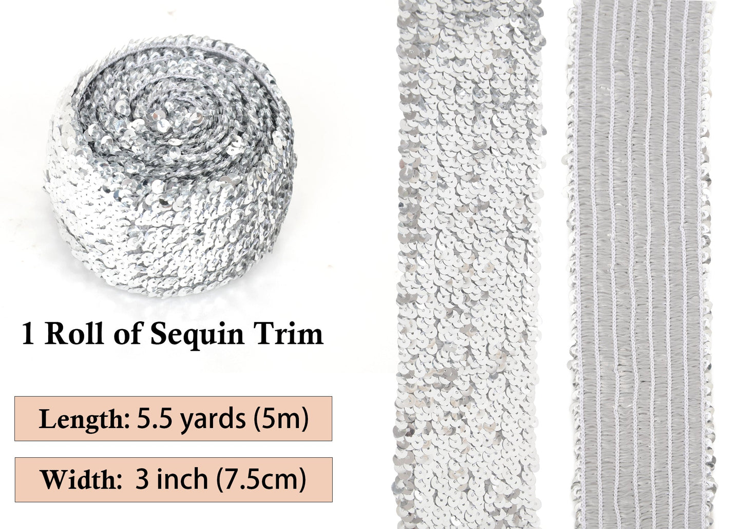 Elastic Sequin Trim, 3 Inch 8 Row Wide Flat Glitter Bling Fabric Paillette Sequin Ribbon, Metallic Sewing DIY Project, 5.5 Yards