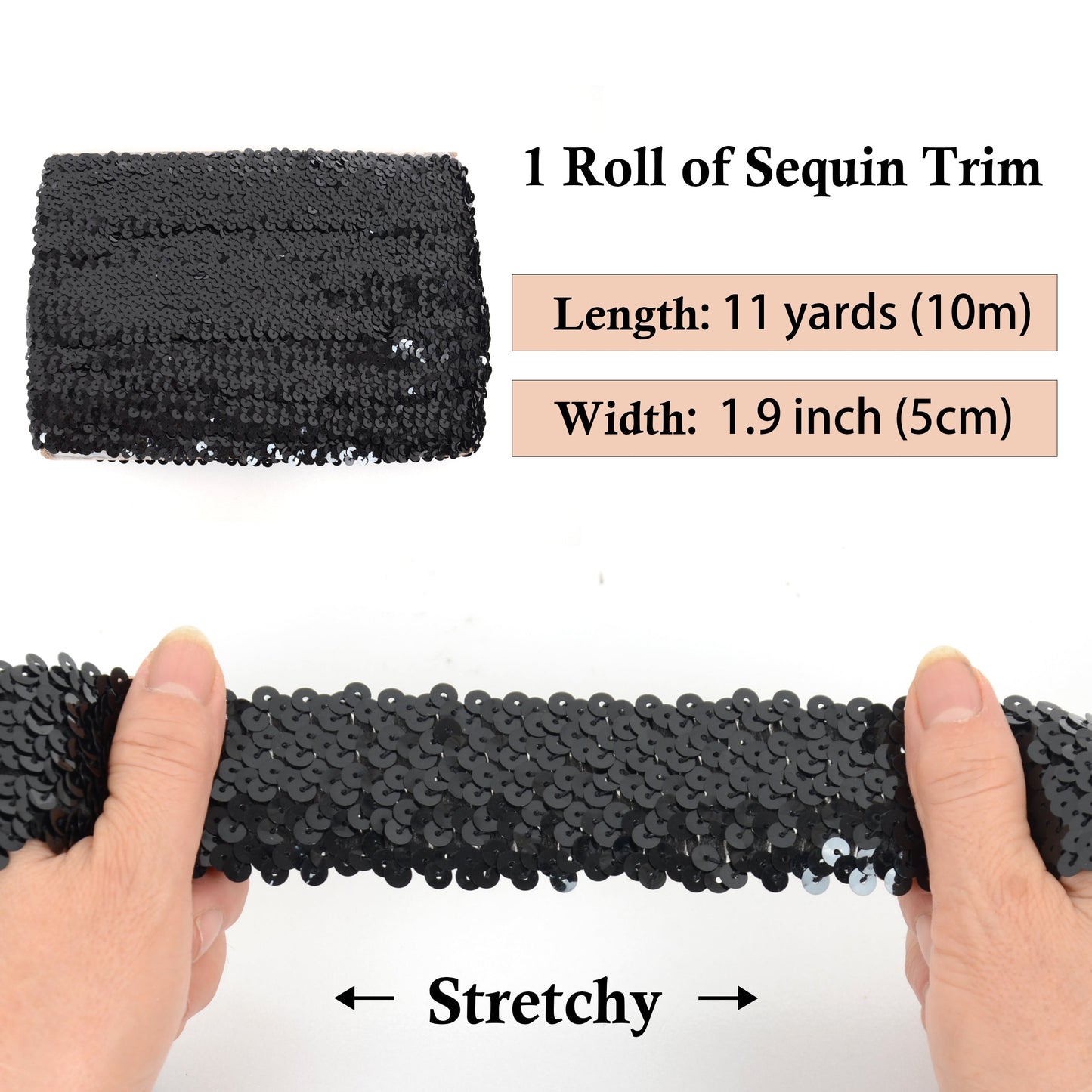 Elastic Sequin Trim, 1.9 Inch 5 Row Flat Glitter Paillette Sequin Ribbon, Bling Fabric DIY Metallic Stretch Sequin Strip, 11 Yards