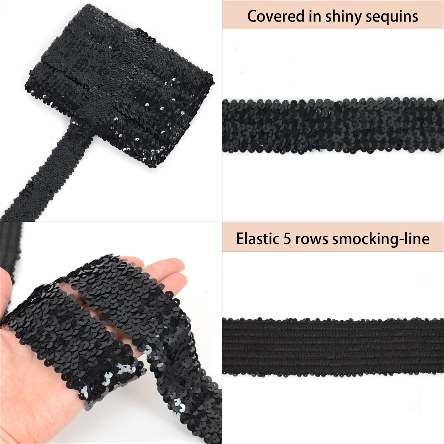 Elastic Sequin Trim, 1.9 Inch 5 Row Flat Glitter Paillette Sequin Ribbon, Bling Fabric DIY Metallic Stretch Sequin Strip, 11 Yards