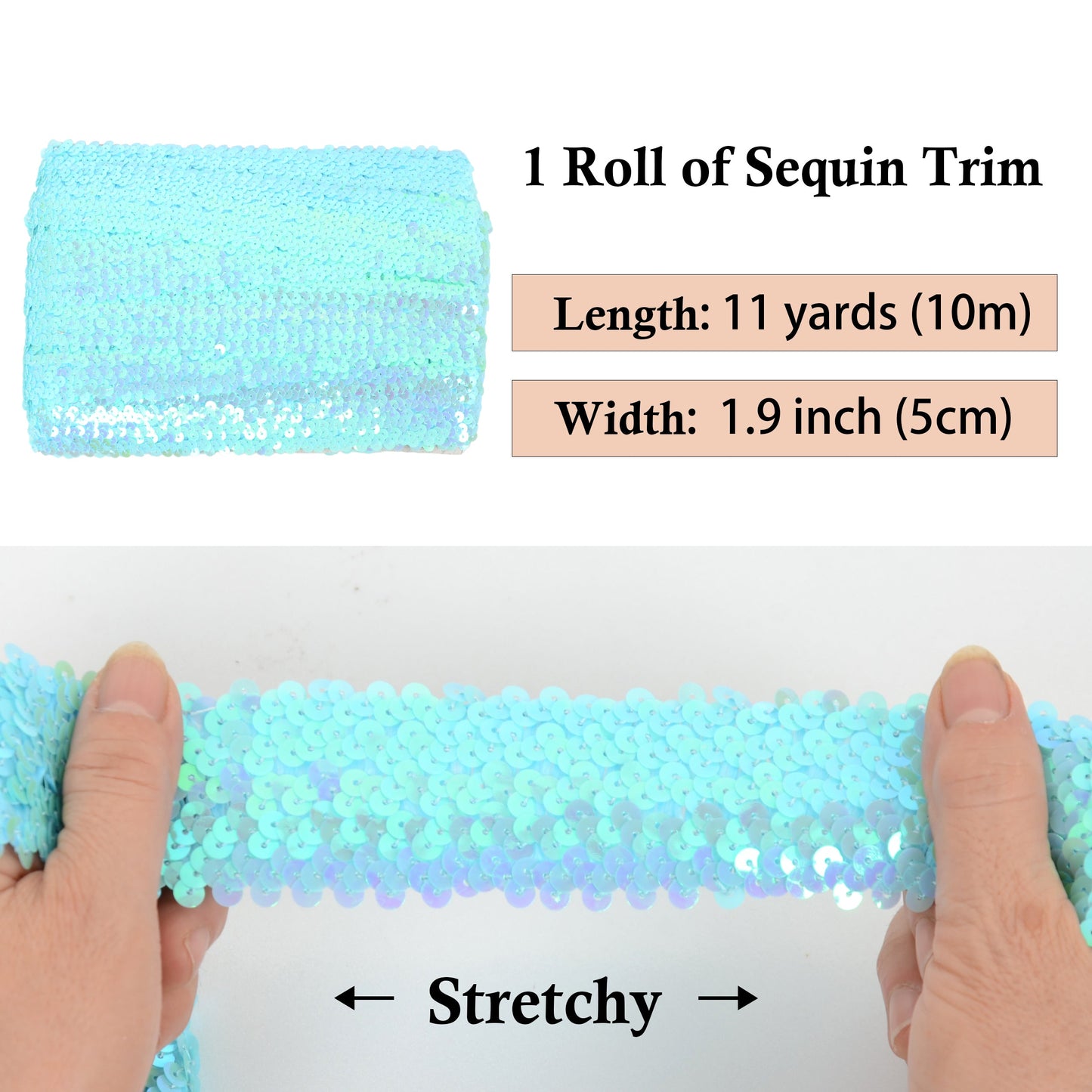 Elastic Sequin Trim, 1.9 Inch 5 Row Flat Glitter Paillette Sequin Ribbon, Bling Fabric DIY Metallic Stretch Sequin Strip, 11 Yards