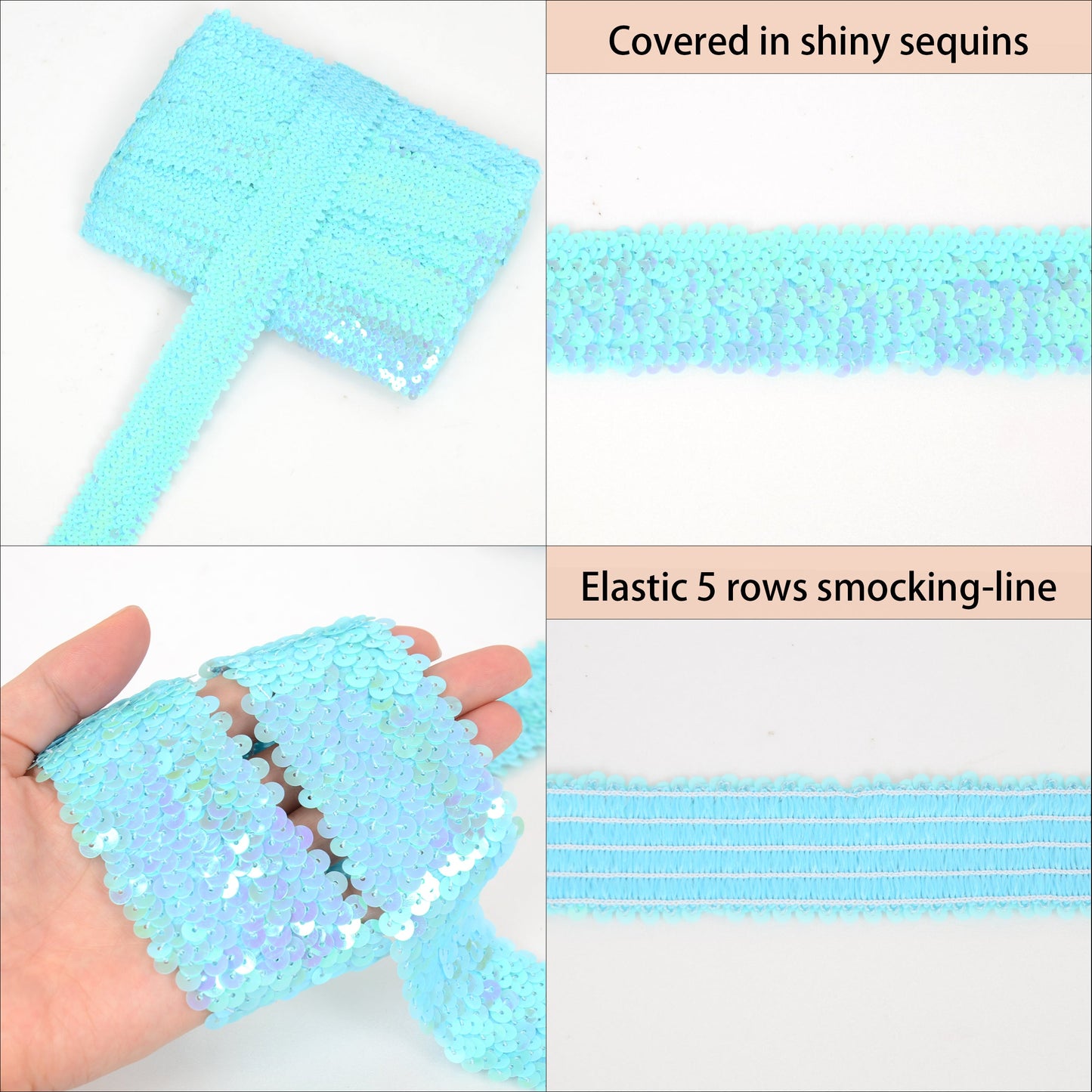 Elastic Sequin Trim, 1.9 Inch 5 Row Flat Glitter Paillette Sequin Ribbon, Bling Fabric DIY Metallic Stretch Sequin Strip, 11 Yards