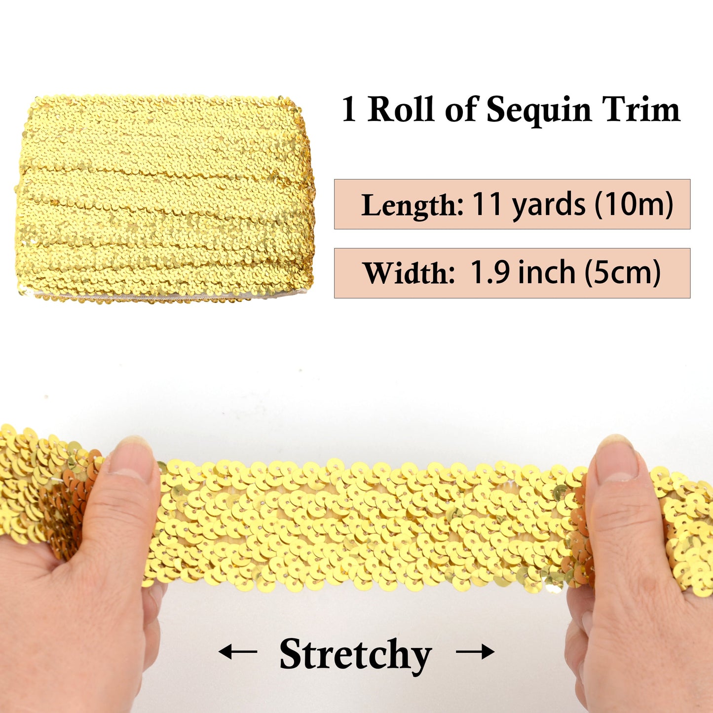 Elastic Sequin Trim, 1.9 Inch 5 Row Flat Glitter Paillette Sequin Ribbon, Bling Fabric DIY Metallic Stretch Sequin Strip, 11 Yards