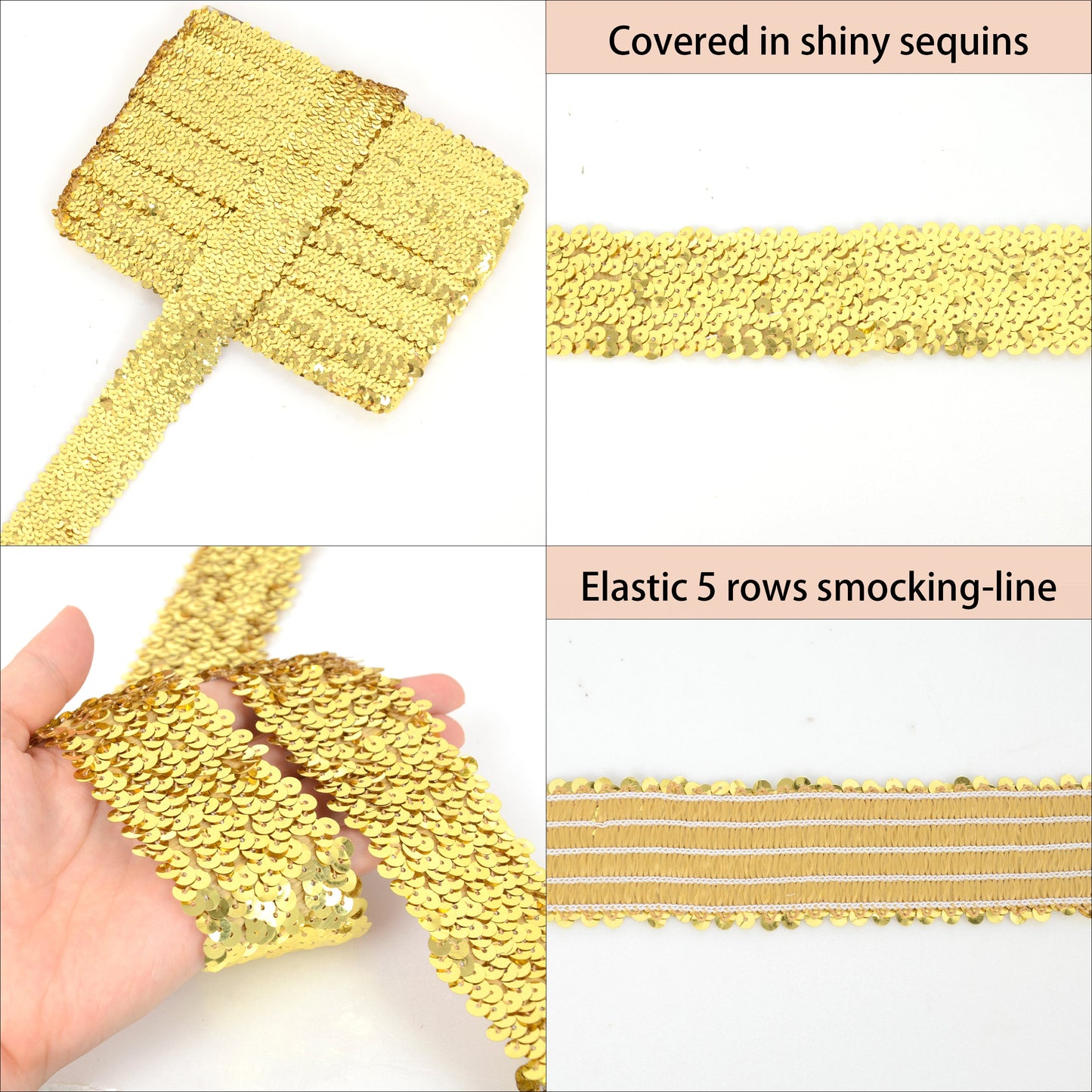 Elastic Sequin Trim, 1.9 Inch 5 Row Flat Glitter Paillette Sequin Ribbon, Bling Fabric DIY Metallic Stretch Sequin Strip, 11 Yards