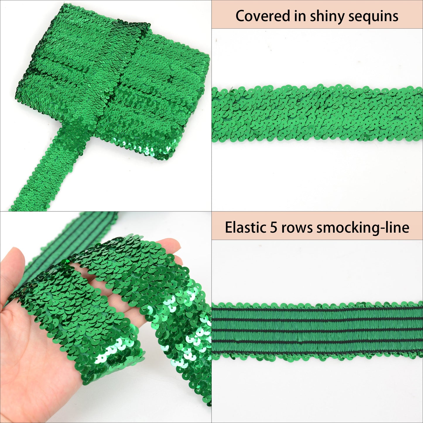 Elastic Sequin Trim, 1.9 Inch 5 Row Flat Glitter Paillette Sequin Ribbon, Bling Fabric DIY Metallic Stretch Sequin Strip, 11 Yards