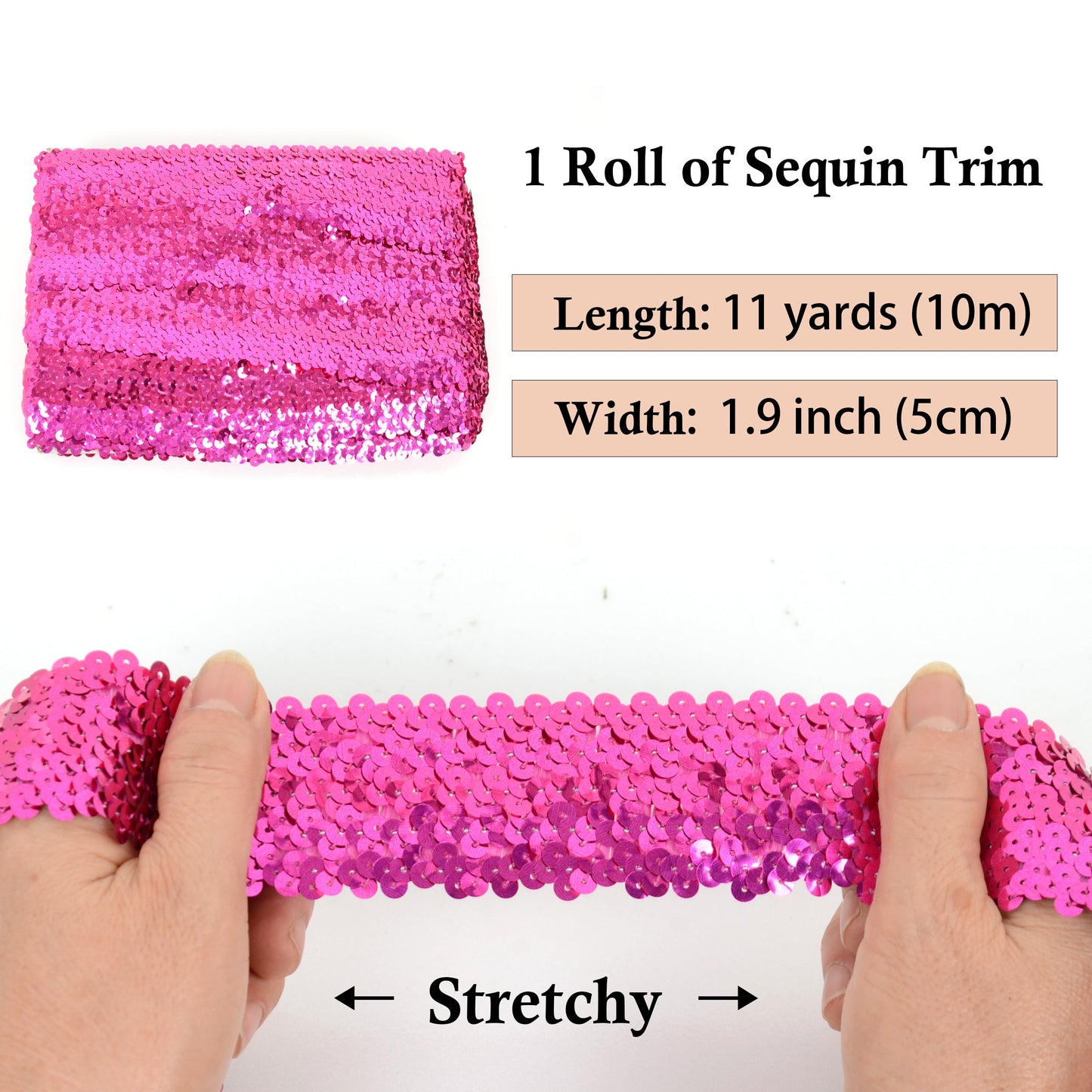 Elastic Sequin Trim, 1.9 Inch 5 Row Flat Glitter Paillette Sequin Ribbon, Bling Fabric DIY Metallic Stretch Sequin Strip, 11 Yards