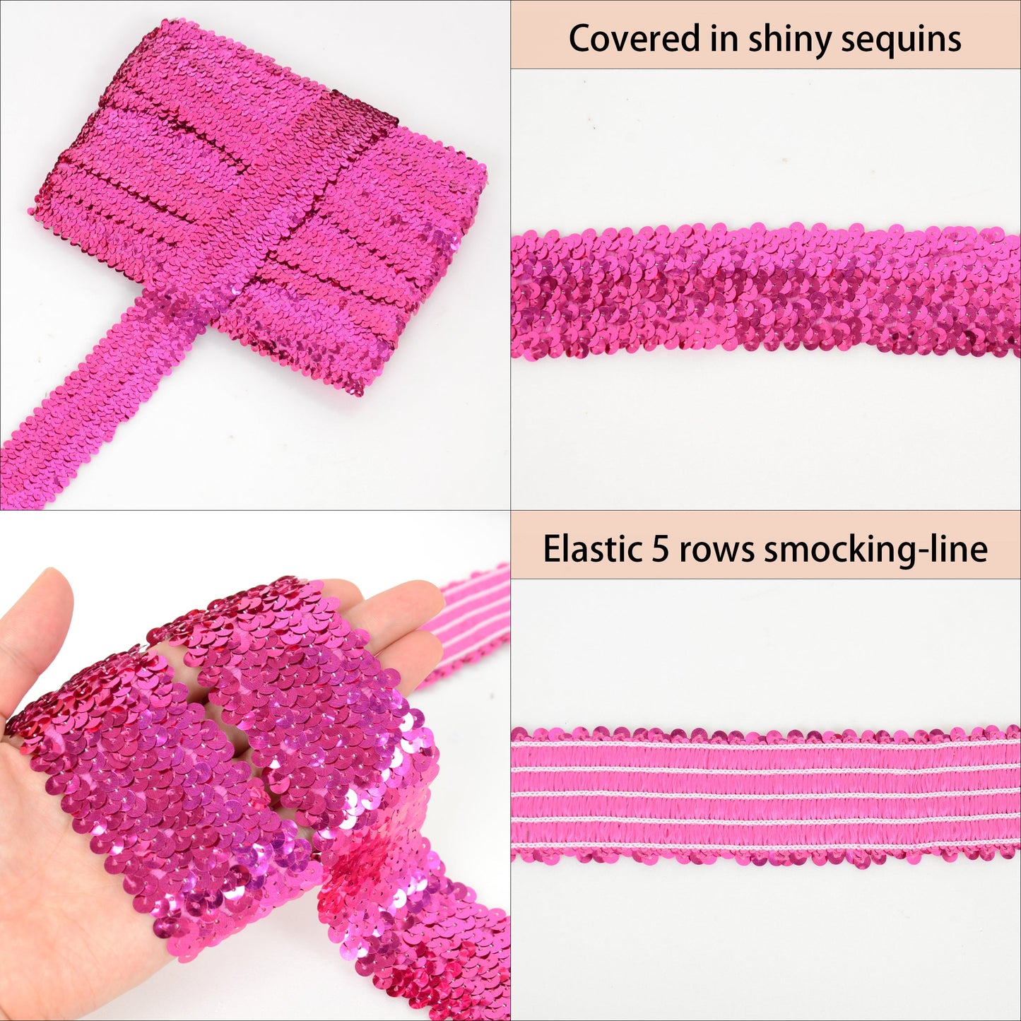 Elastic Sequin Trim, 1.9 Inch 5 Row Flat Glitter Paillette Sequin Ribbon, Bling Fabric DIY Metallic Stretch Sequin Strip, 11 Yards