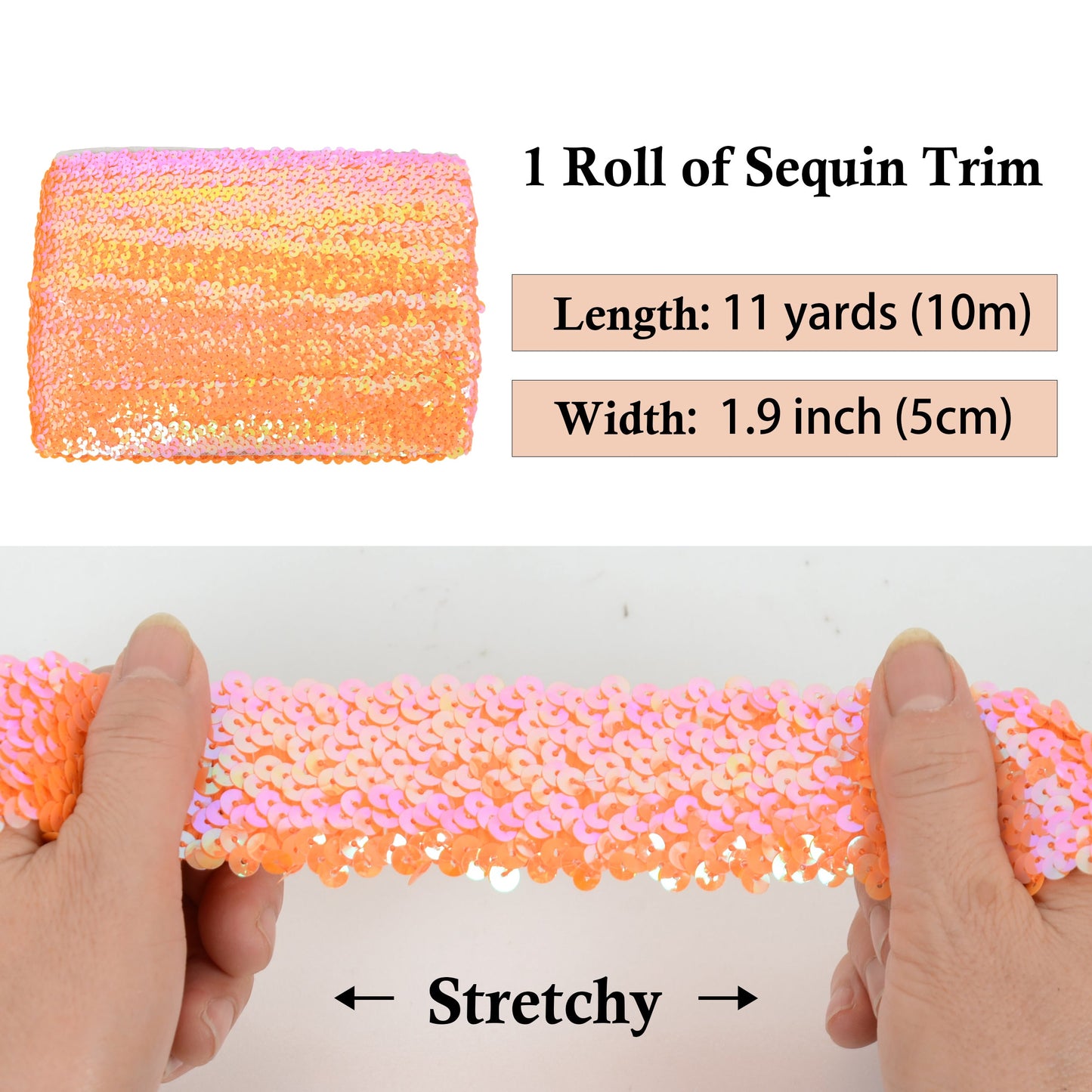 Elastic Sequin Trim, 1.9 Inch 5 Row Flat Glitter Paillette Sequin Ribbon, Bling Fabric DIY Metallic Stretch Sequin Strip, 11 Yards