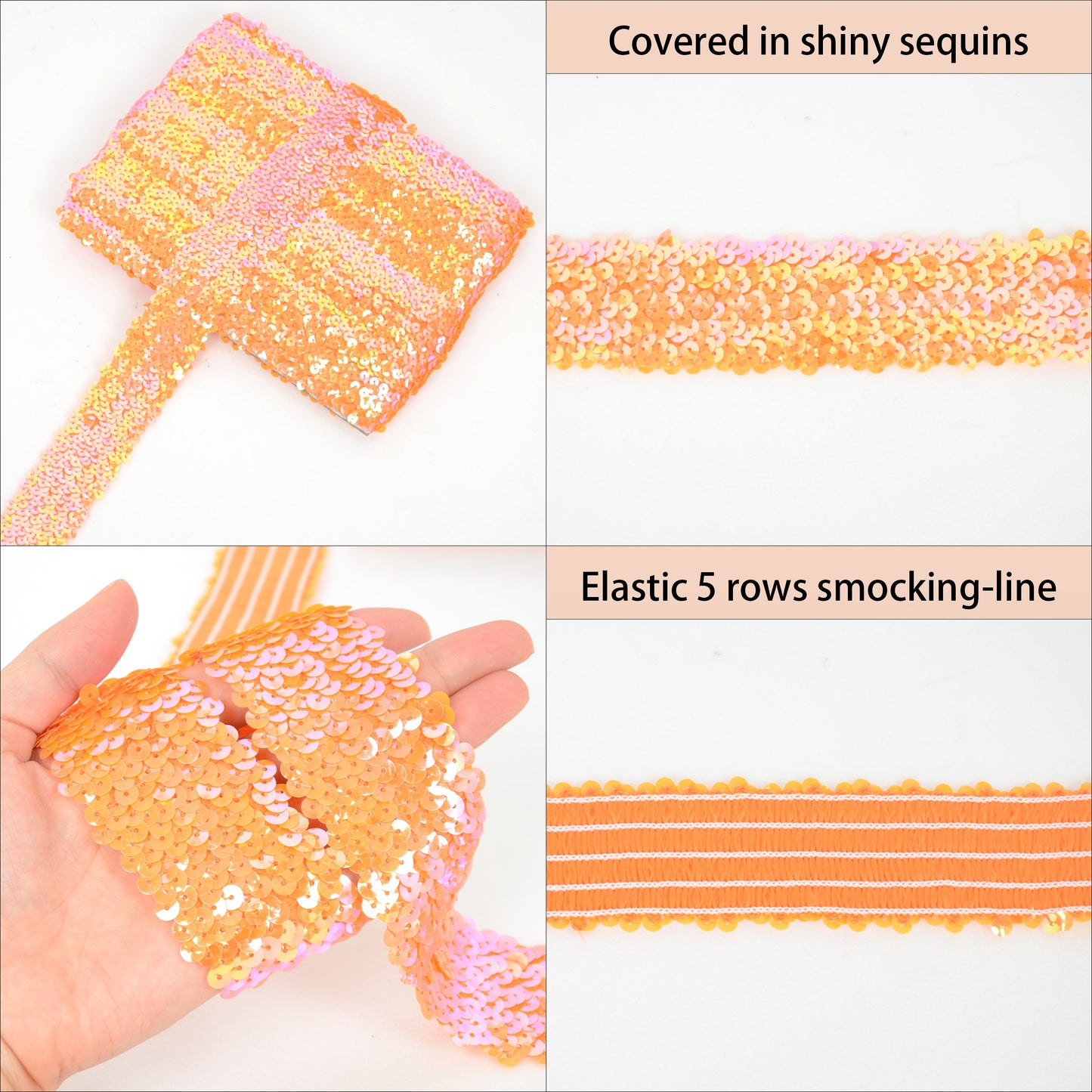 Elastic Sequin Trim, 1.9 Inch 5 Row Flat Glitter Paillette Sequin Ribbon, Bling Fabric DIY Metallic Stretch Sequin Strip, 11 Yards