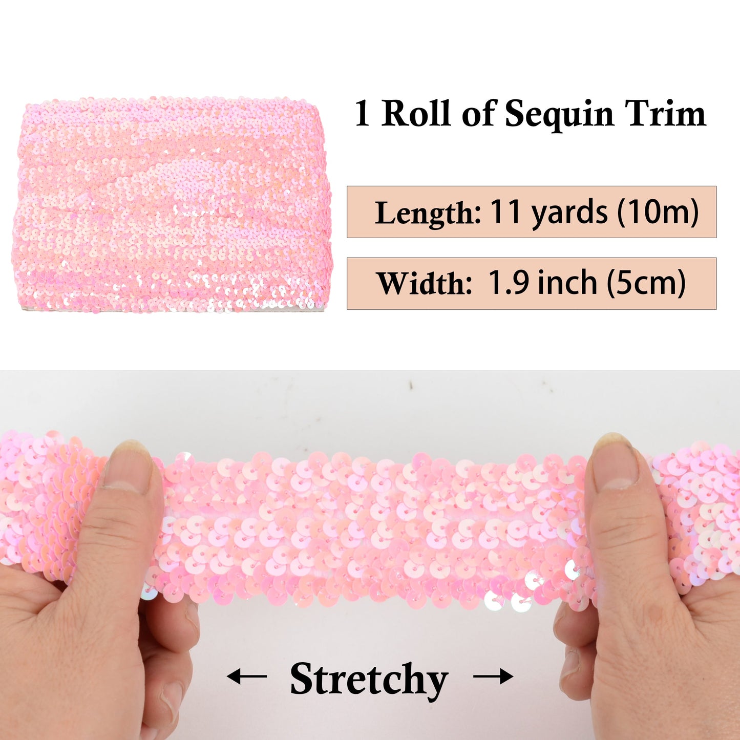 Elastic Sequin Trim, 1.9 Inch 5 Row Flat Glitter Paillette Sequin Ribbon, Bling Fabric DIY Metallic Stretch Sequin Strip, 11 Yards