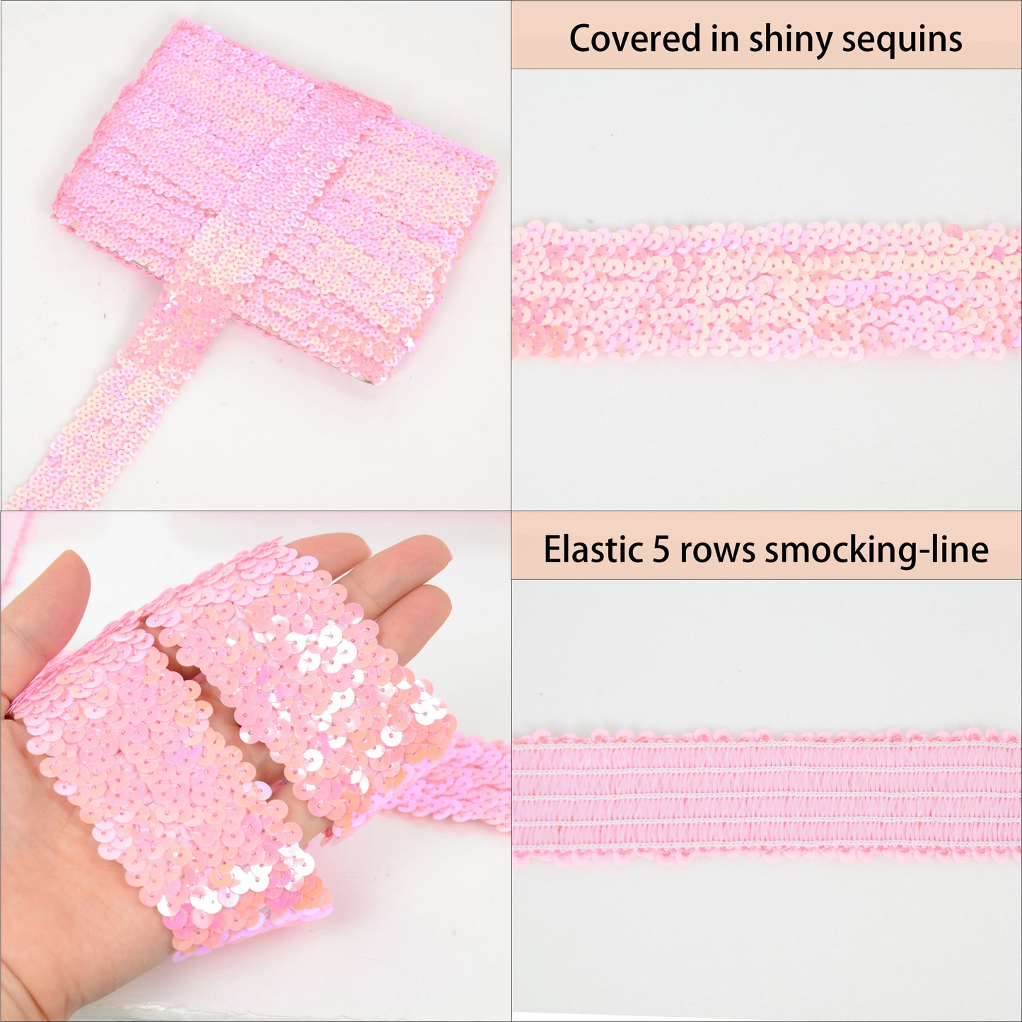 Elastic Sequin Trim, 1.9 Inch 5 Row Flat Glitter Paillette Sequin Ribbon, Bling Fabric DIY Metallic Stretch Sequin Strip, 11 Yards