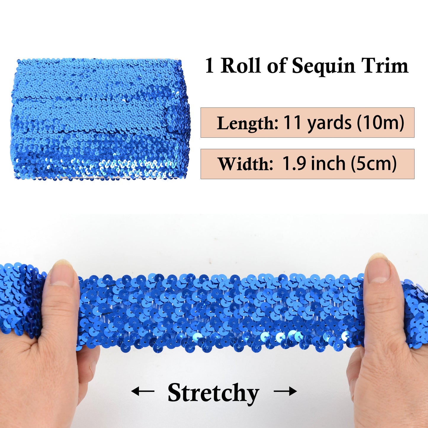 Elastic Sequin Trim, 1.9 Inch 5 Row Flat Glitter Paillette Sequin Ribbon, Bling Fabric DIY Metallic Stretch Sequin Strip, 11 Yards