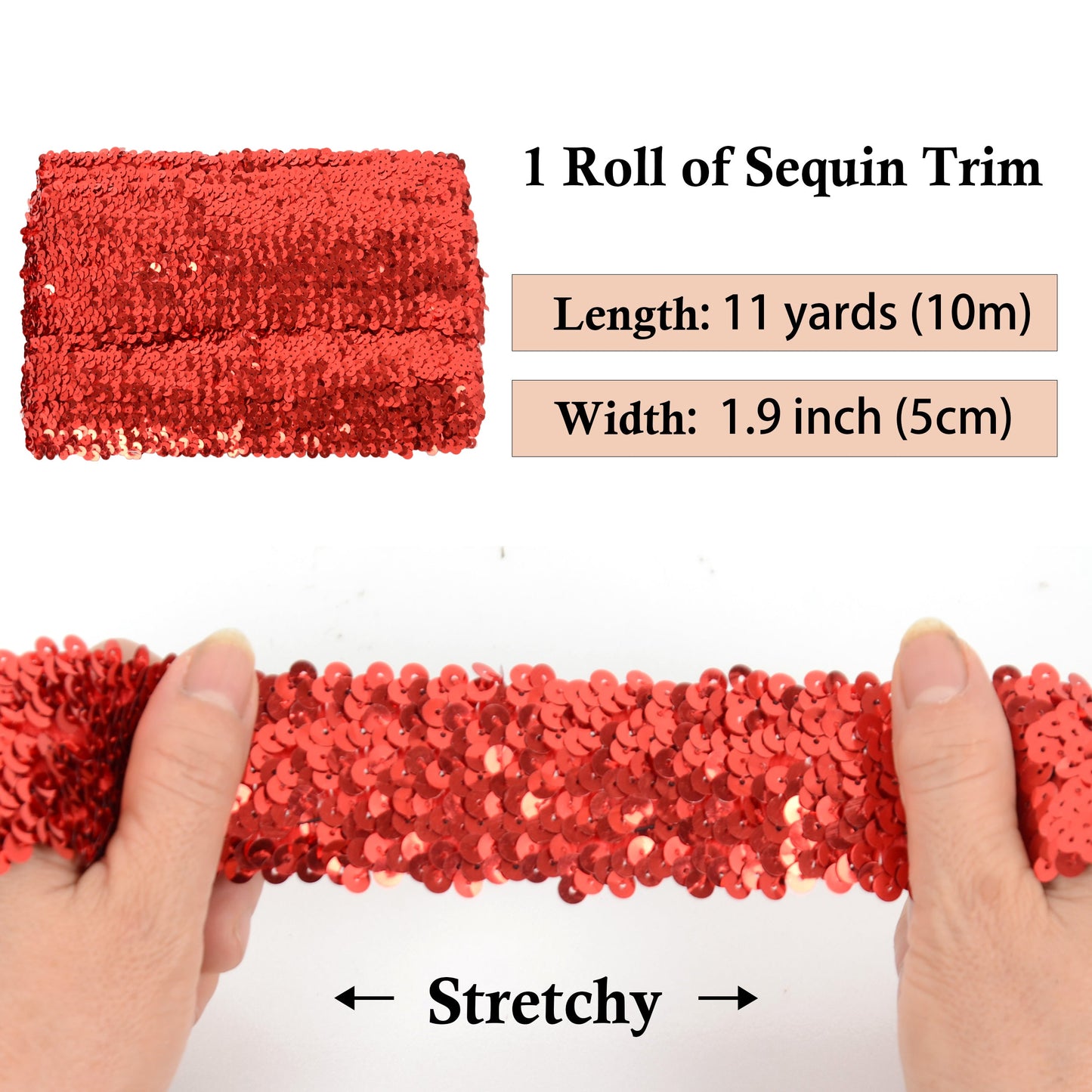 Elastic Sequin Trim, 1.9 Inch 5 Row Flat Glitter Paillette Sequin Ribbon, Bling Fabric DIY Metallic Stretch Sequin Strip, 11 Yards