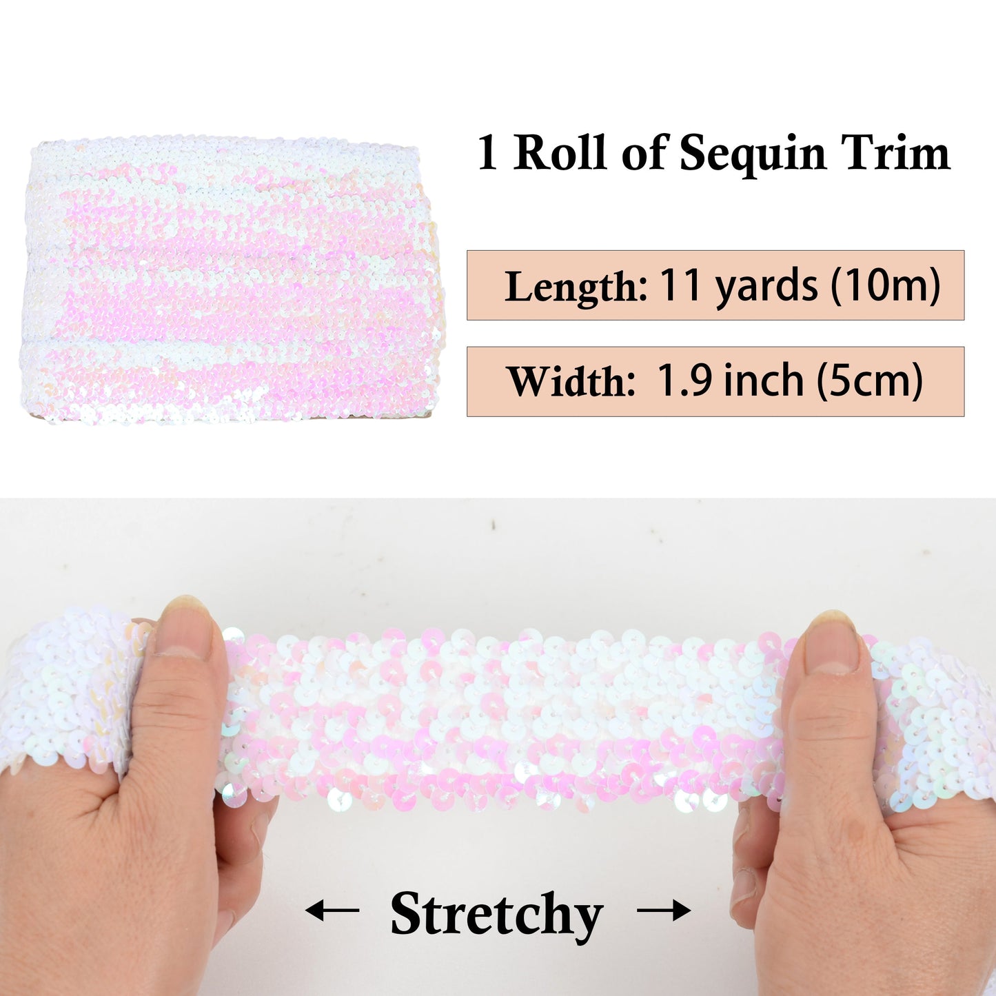 Elastic Sequin Trim, 1.9 Inch 5 Row Flat Glitter Paillette Sequin Ribbon, Bling Fabric DIY Metallic Stretch Sequin Strip, 11 Yards