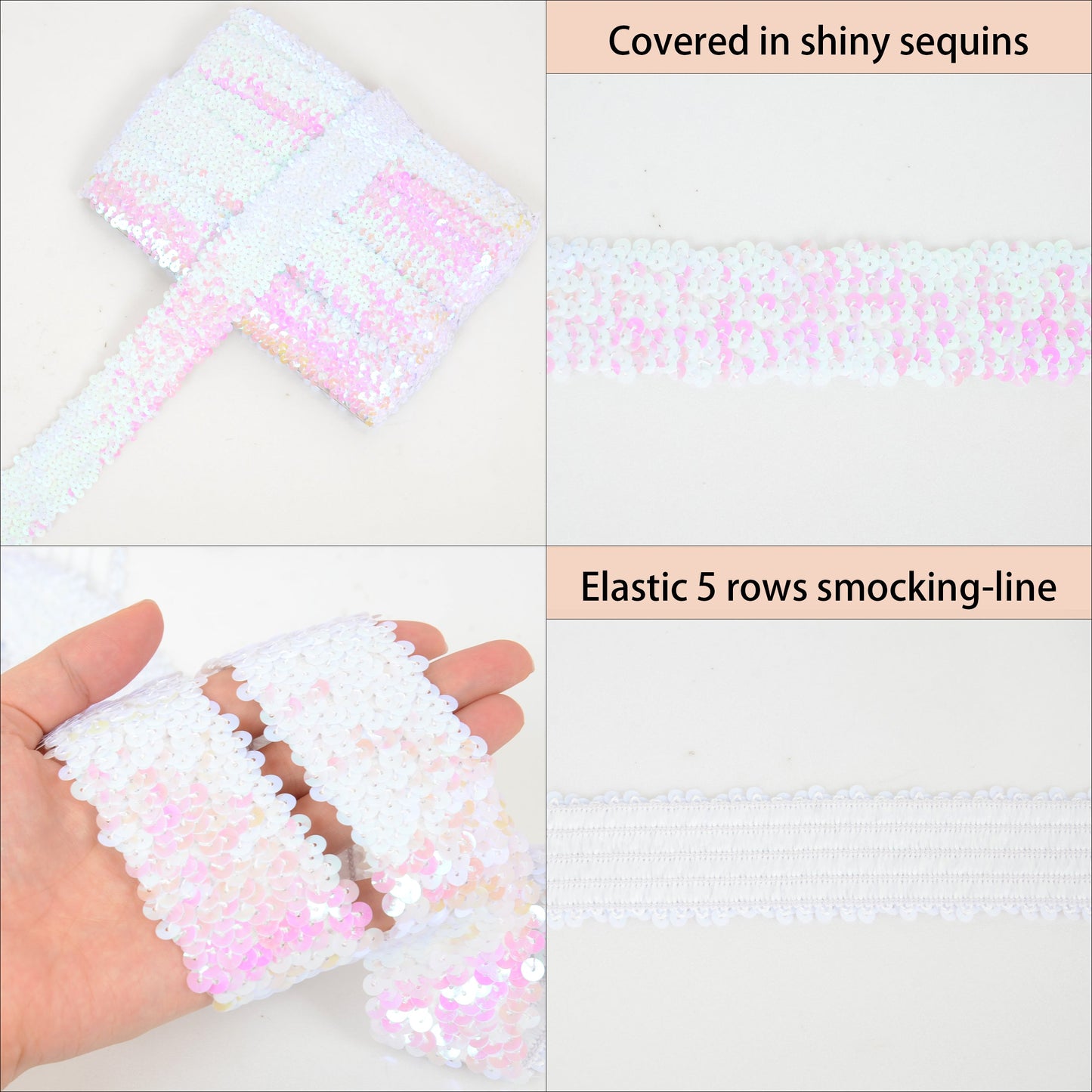 Elastic Sequin Trim, 1.9 Inch 5 Row Flat Glitter Paillette Sequin Ribbon, Bling Fabric DIY Metallic Stretch Sequin Strip, 11 Yards