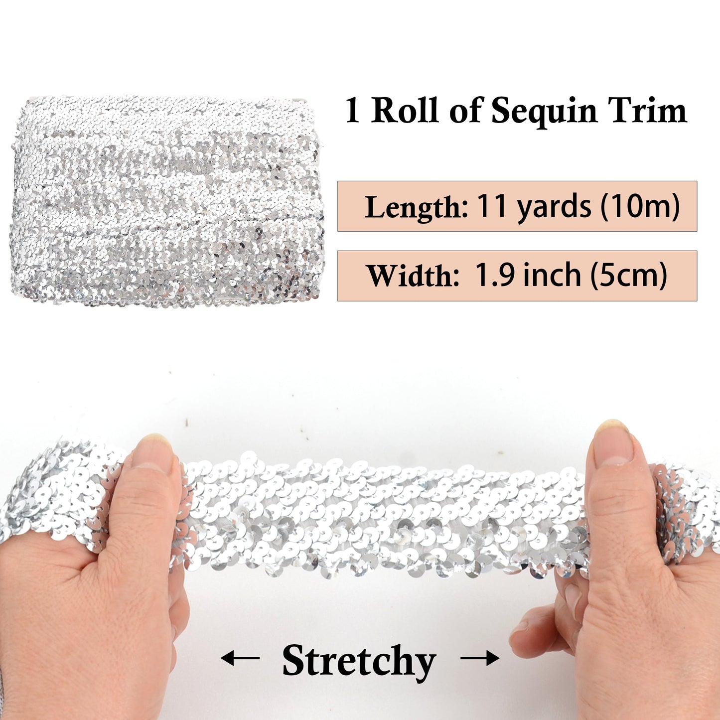 Elastic Sequin Trim, 1.9 Inch 5 Row Flat Glitter Paillette Sequin Ribbon, Bling Fabric DIY Metallic Stretch Sequin Strip, 11 Yards
