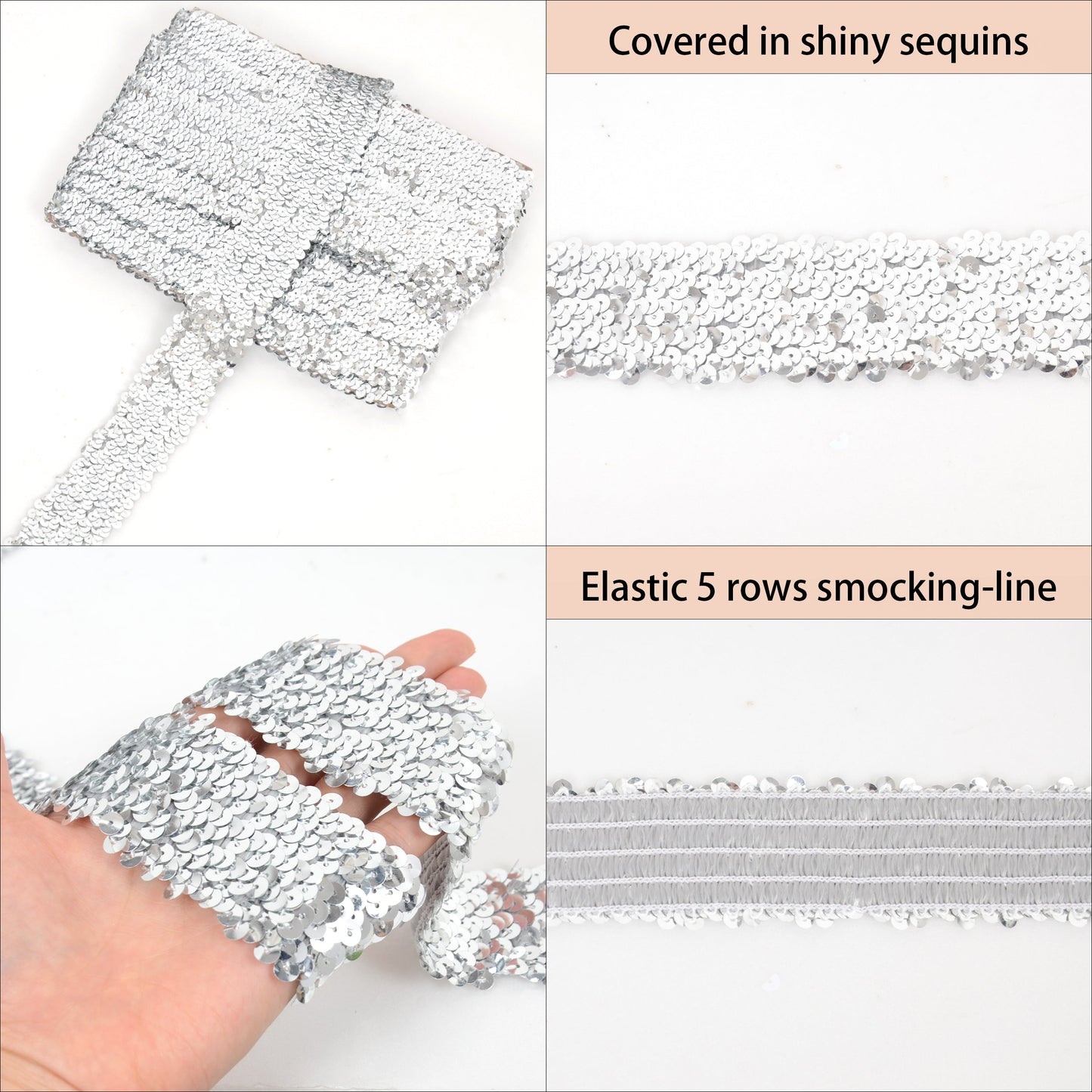 Elastic Sequin Trim, 1.9 Inch 5 Row Flat Glitter Paillette Sequin Ribbon, Bling Fabric DIY Metallic Stretch Sequin Strip, 11 Yards