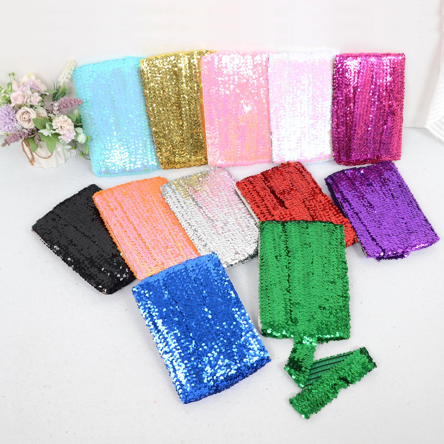 Elastic Sequin Trim, 1.9 Inch 5 Row Flat Glitter Paillette Sequin Ribbon, Bling Fabric DIY Metallic Stretch Sequin Strip, 11 Yards