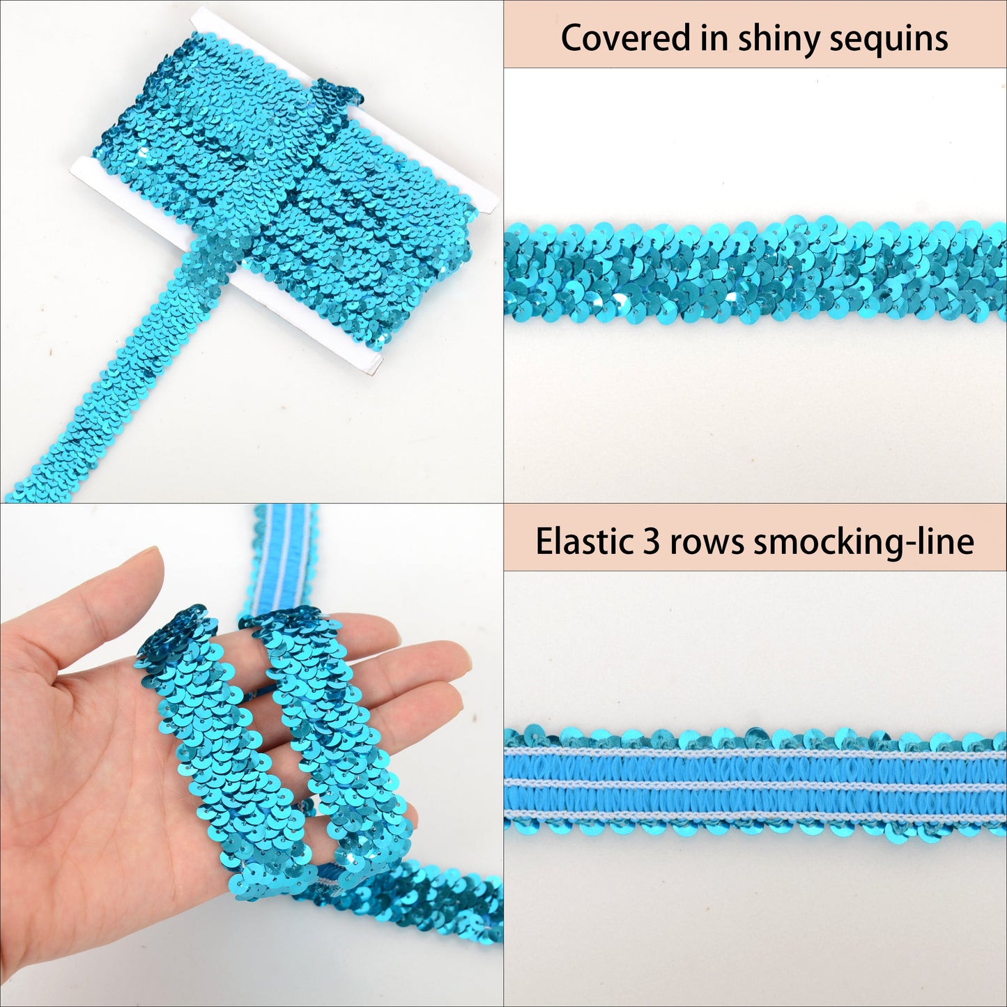 Elastic Sequin Trim, 1.2 Inch 3 Row Flat Glitter Paillette Sequin Ribbon, Metallic Stretch Sequin Strip Sewing DIY Craft, 5 Yards