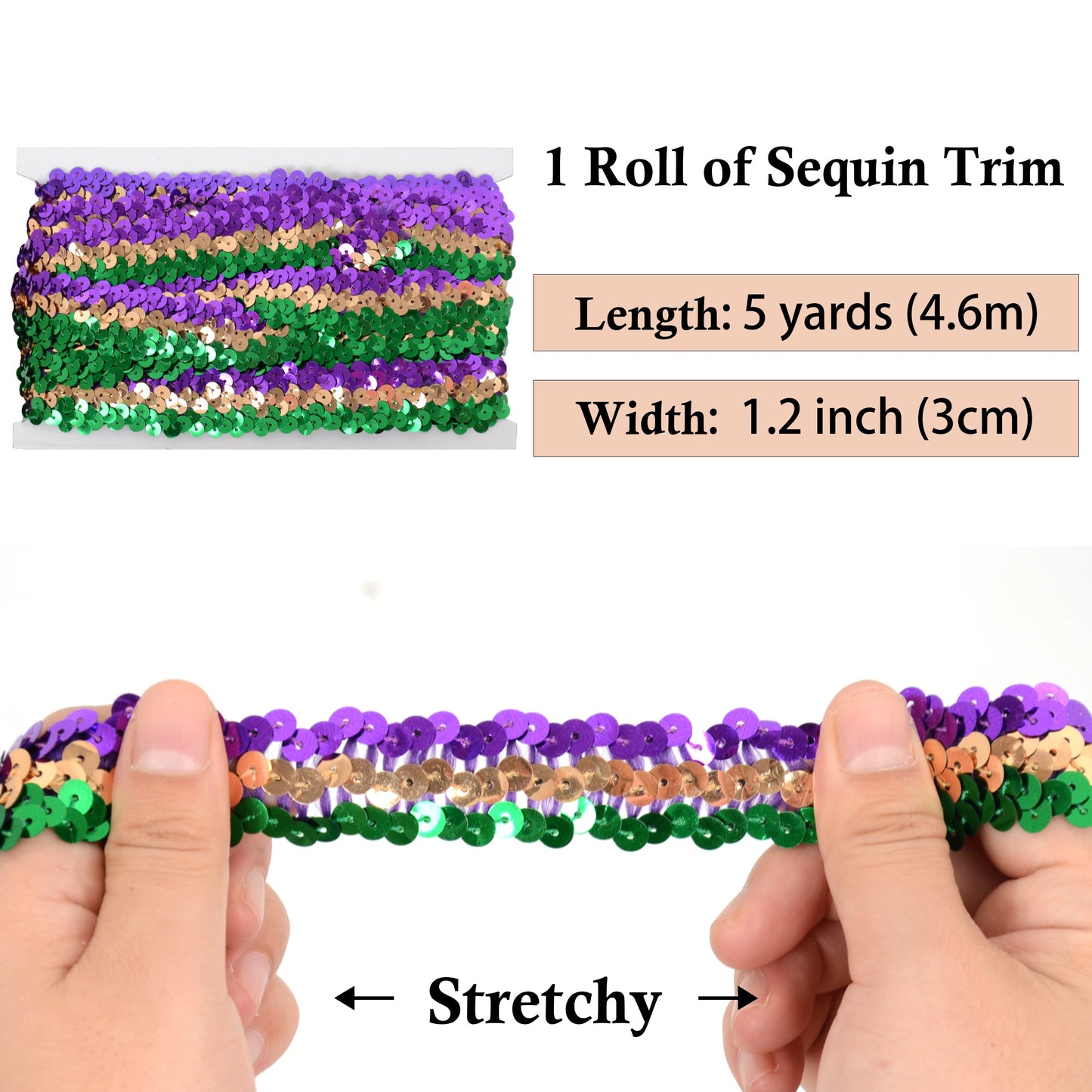 Elastic Sequin Trim, 1.2 Inch 3 Row Flat Glitter Paillette Sequin Ribbon, Metallic Stretch Sequin Strip Sewing DIY Craft, 5 Yards