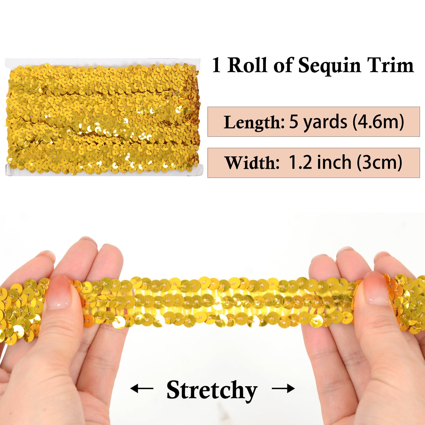 Elastic Sequin Trim, 1.2 Inch 3 Row Flat Glitter Paillette Sequin Ribbon, Metallic Stretch Sequin Strip Sewing DIY Craft, 5 Yards
