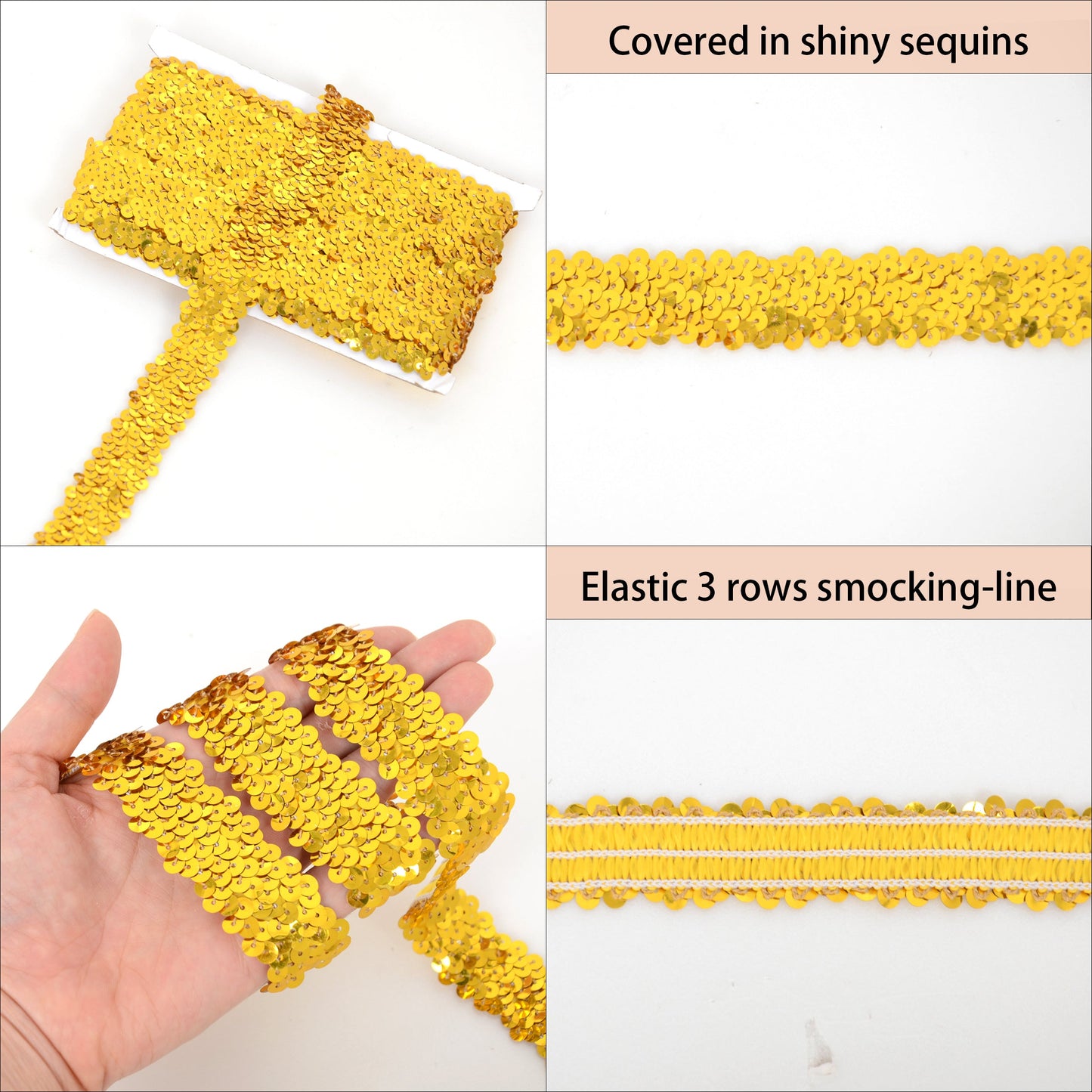 Elastic Sequin Trim, 1.2 Inch 3 Row Flat Glitter Paillette Sequin Ribbon, Metallic Stretch Sequin Strip Sewing DIY Craft, 5 Yards