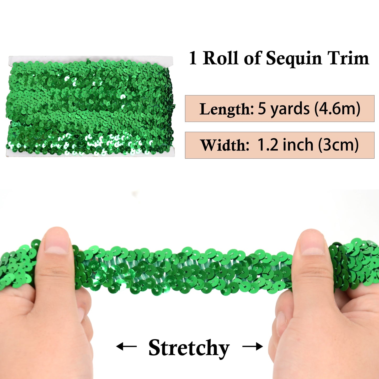 Elastic Sequin Trim, 1.2 Inch 3 Row Flat Glitter Paillette Sequin Ribbon, Metallic Stretch Sequin Strip Sewing DIY Craft, 5 Yards