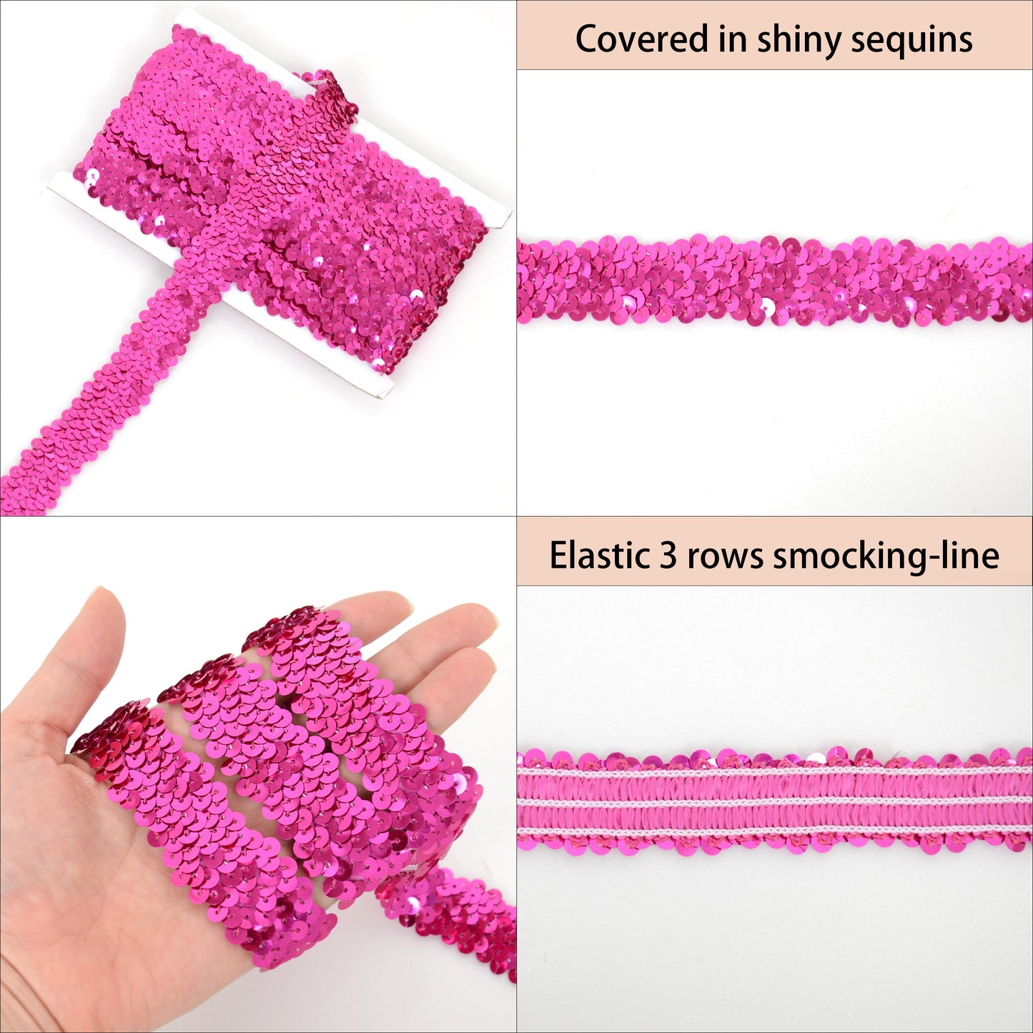 Elastic Sequin Trim, 1.2 Inch 3 Row Flat Glitter Paillette Sequin Ribbon, Metallic Stretch Sequin Strip Sewing DIY Craft, 5 Yards