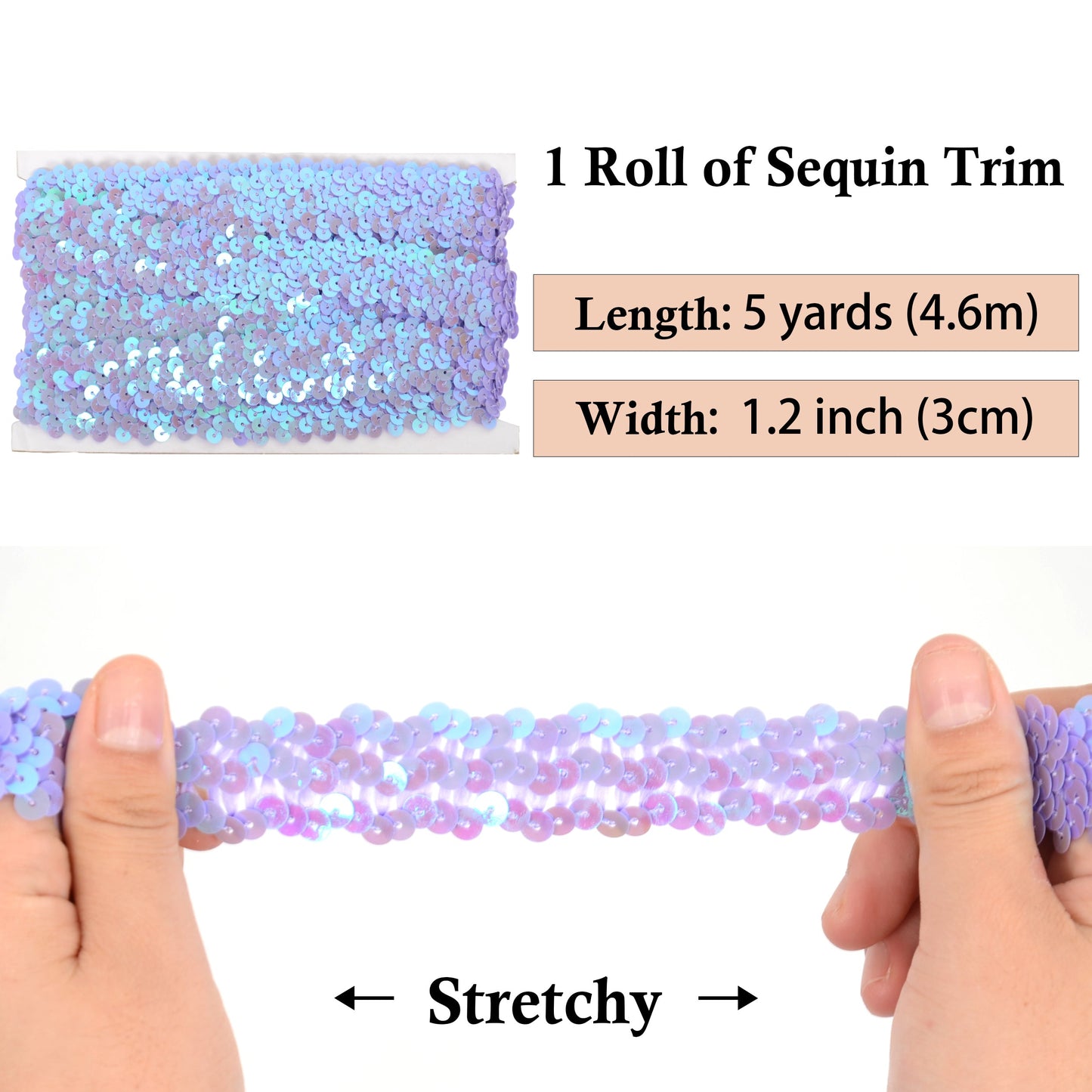 Elastic Sequin Trim, 1.2 Inch 3 Row Flat Glitter Paillette Sequin Ribbon, Metallic Stretch Sequin Strip Sewing DIY Craft, 5 Yards