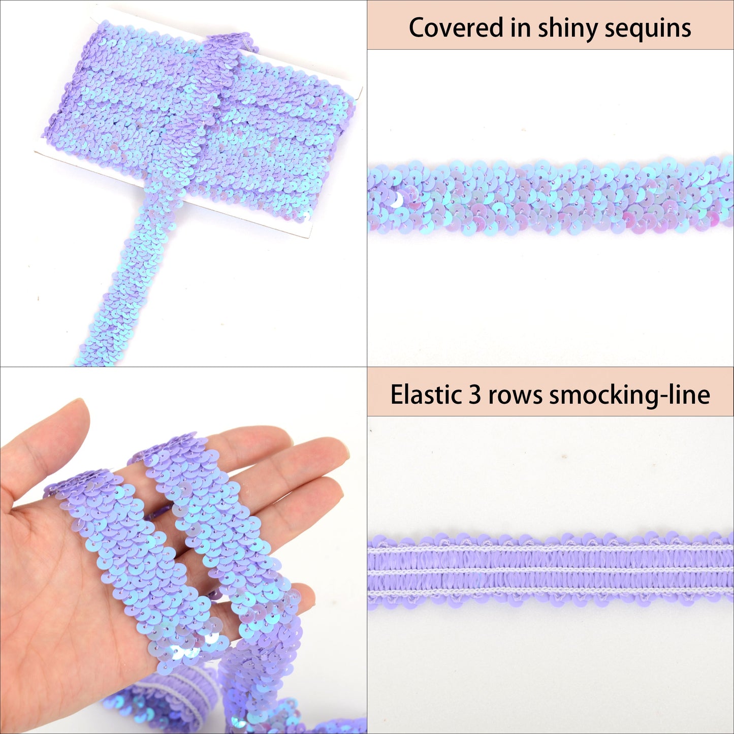 Elastic Sequin Trim, 1.2 Inch 3 Row Flat Glitter Paillette Sequin Ribbon, Metallic Stretch Sequin Strip Sewing DIY Craft, 5 Yards