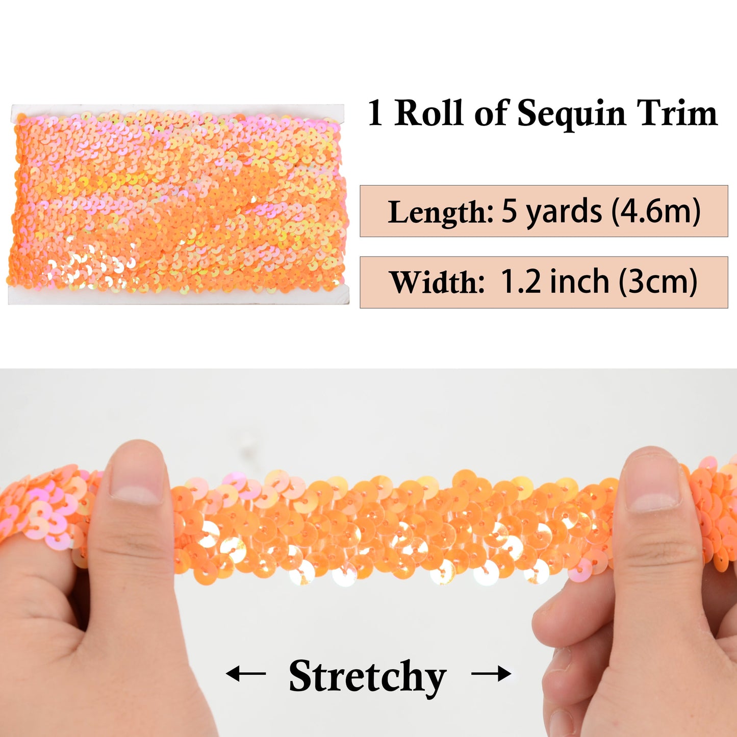 Elastic Sequin Trim, 1.2 Inch 3 Row Flat Glitter Paillette Sequin Ribbon, Metallic Stretch Sequin Strip Sewing DIY Craft, 5 Yards