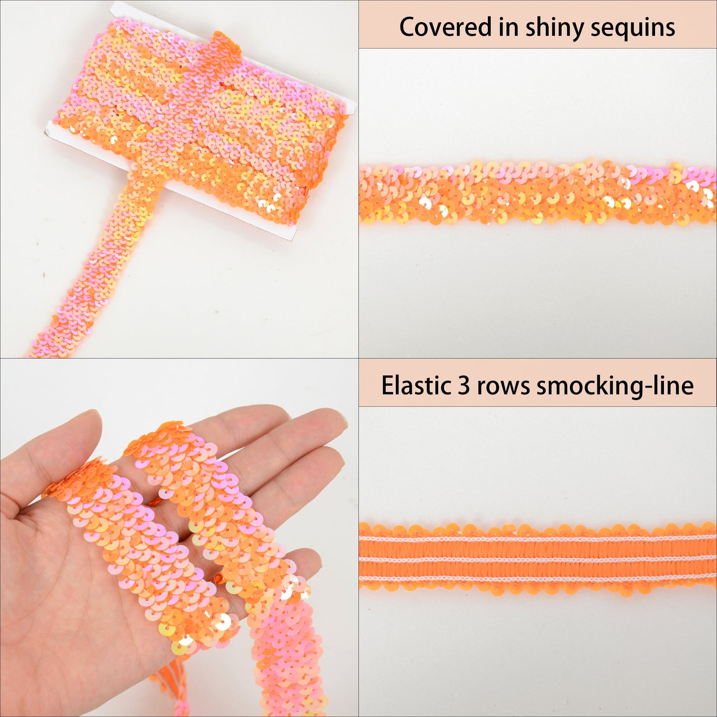 Elastic Sequin Trim, 1.2 Inch 3 Row Flat Glitter Paillette Sequin Ribbon, Metallic Stretch Sequin Strip Sewing DIY Craft, 5 Yards