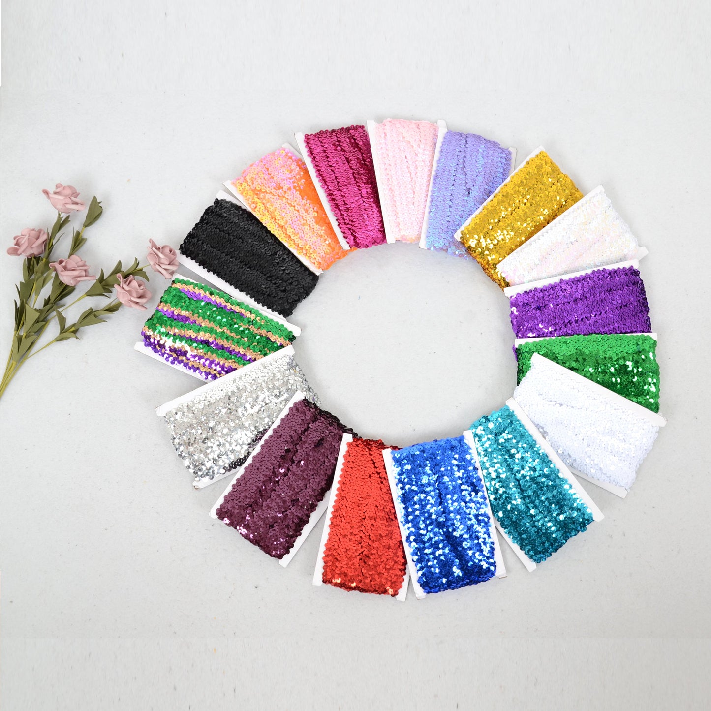 Elastic Sequin Trim, 1.2 Inch 3 Row Flat Glitter Paillette Sequin Ribbon, Metallic Stretch Sequin Strip Sewing DIY Craft, 5 Yards