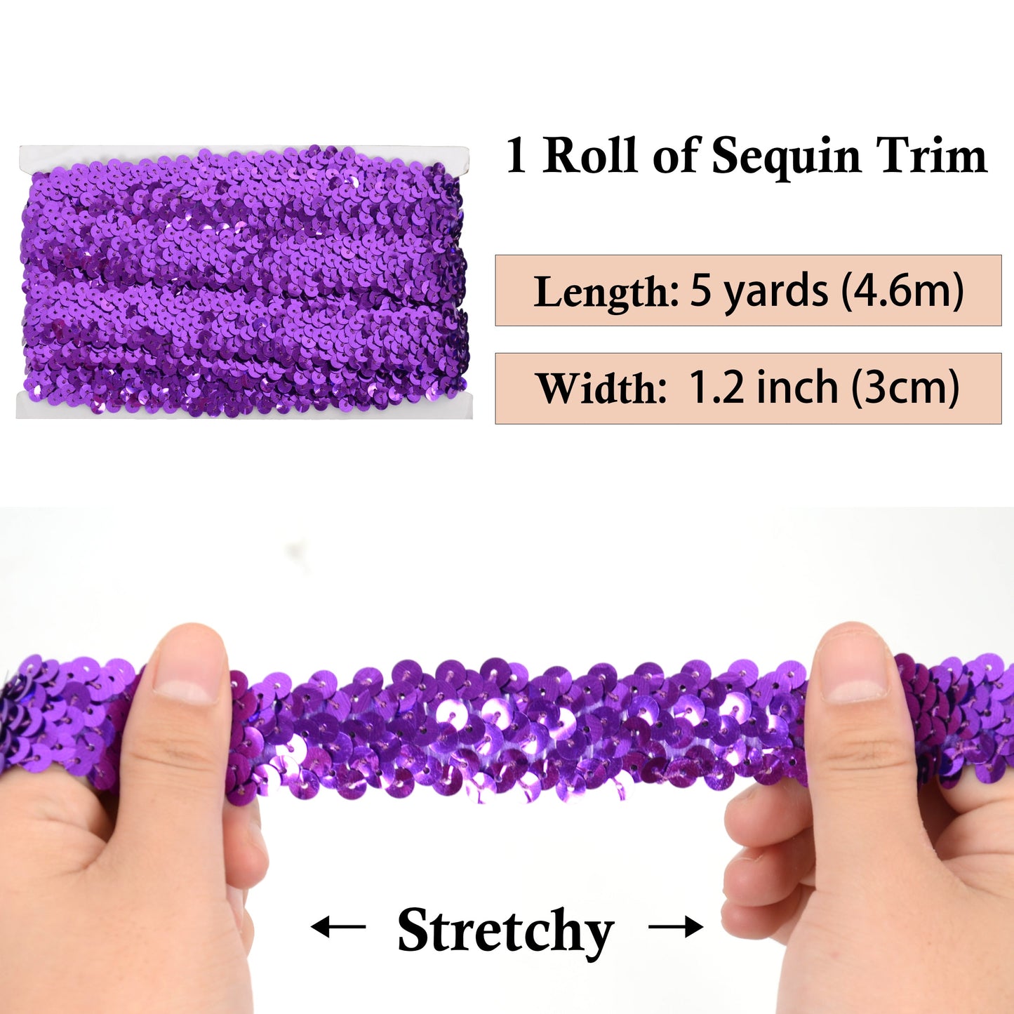 Elastic Sequin Trim, 1.2 Inch 3 Row Flat Glitter Paillette Sequin Ribbon, Metallic Stretch Sequin Strip Sewing DIY Craft, 5 Yards