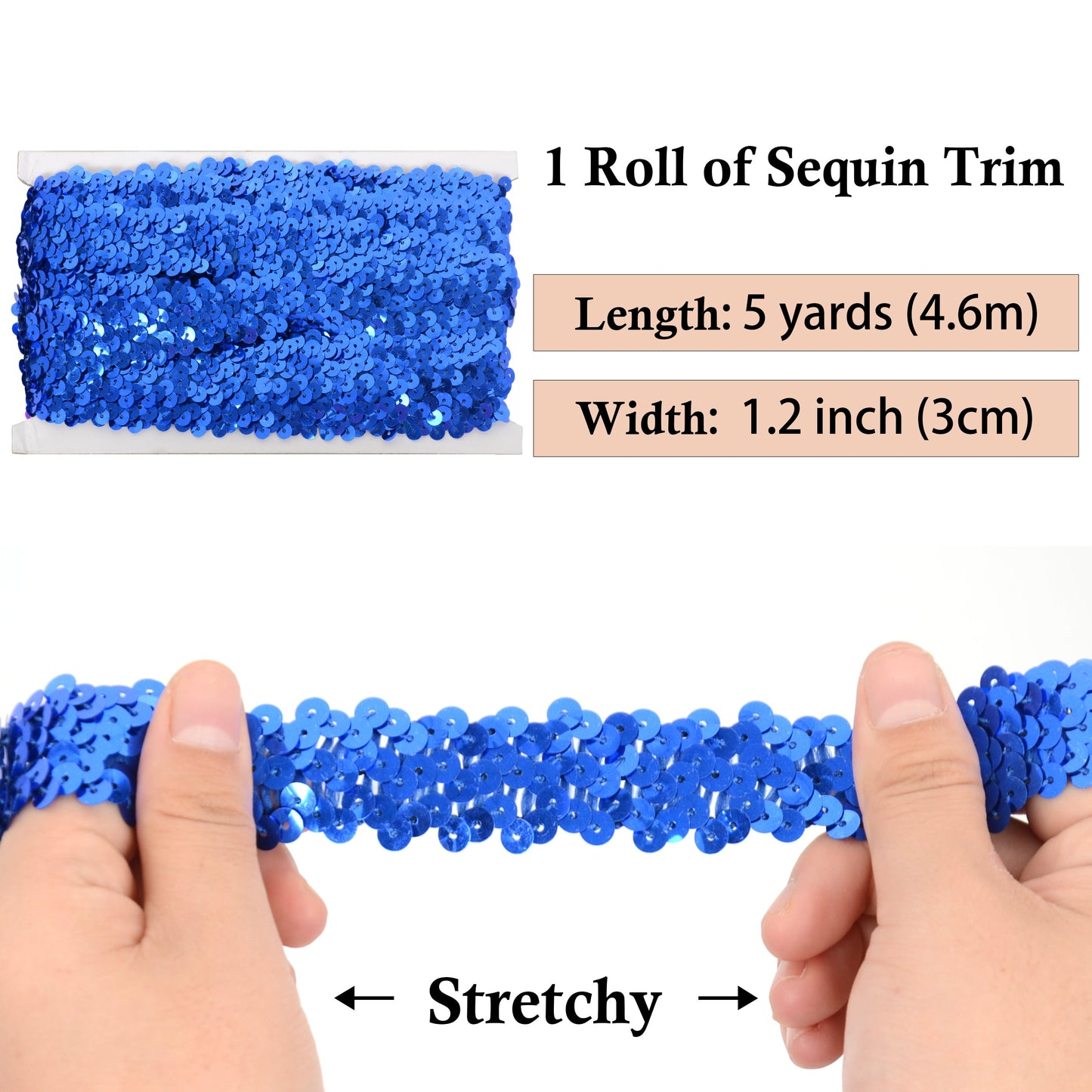 Elastic Sequin Trim, 1.2 Inch 3 Row Flat Glitter Paillette Sequin Ribbon, Metallic Stretch Sequin Strip Sewing DIY Craft, 5 Yards