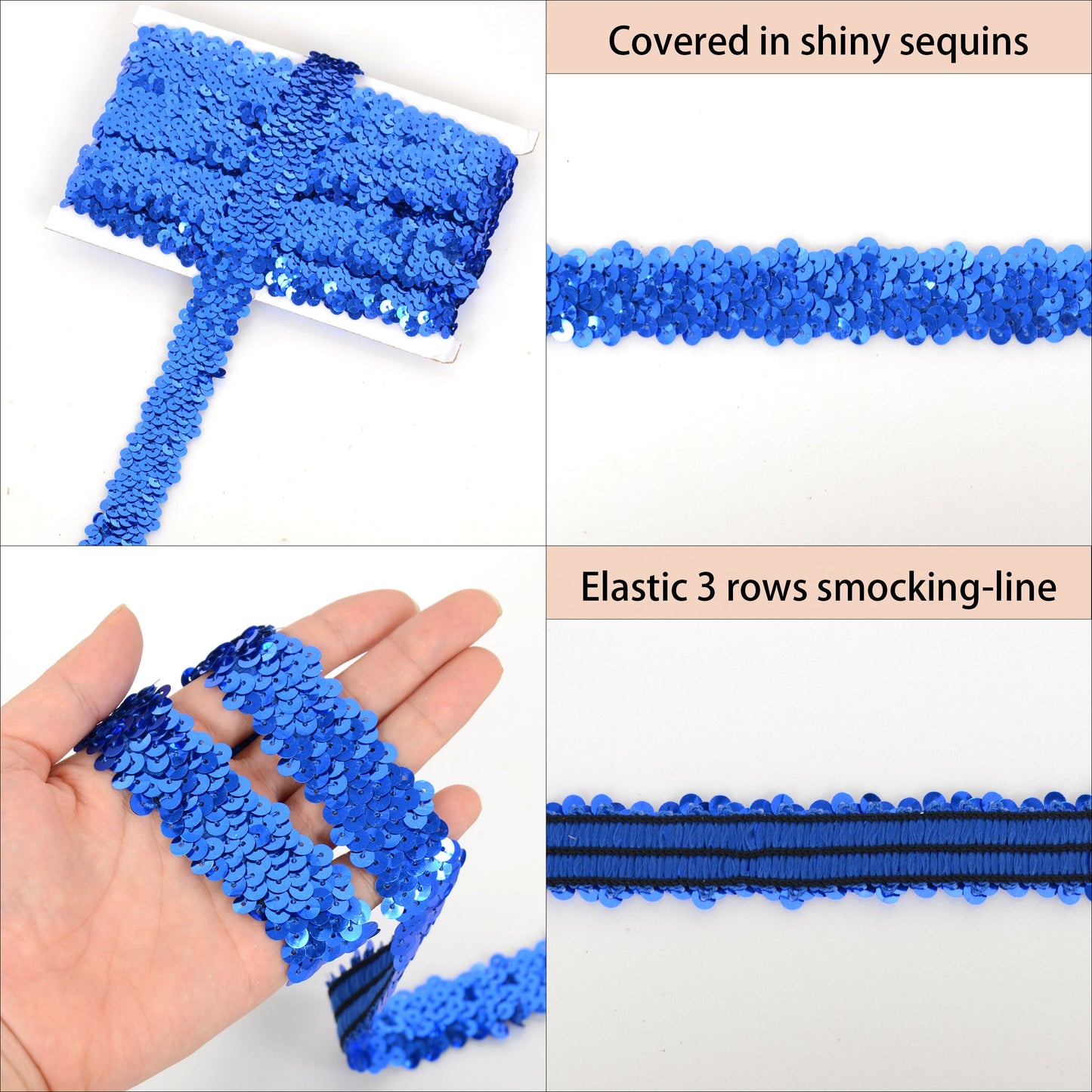 Elastic Sequin Trim, 1.2 Inch 3 Row Flat Glitter Paillette Sequin Ribbon, Metallic Stretch Sequin Strip Sewing DIY Craft, 5 Yards