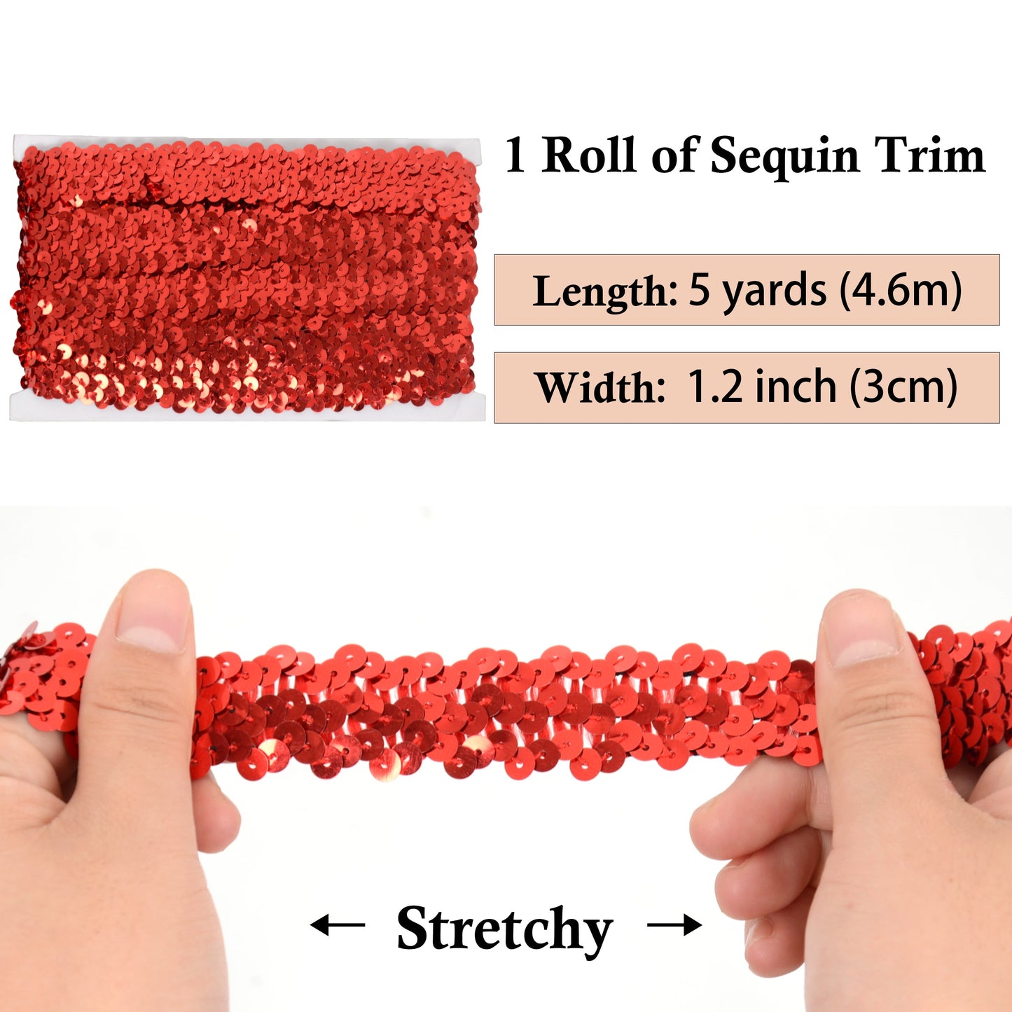 Elastic Sequin Trim, 1.2 Inch 3 Row Flat Glitter Paillette Sequin Ribbon, Metallic Stretch Sequin Strip Sewing DIY Craft, 5 Yards