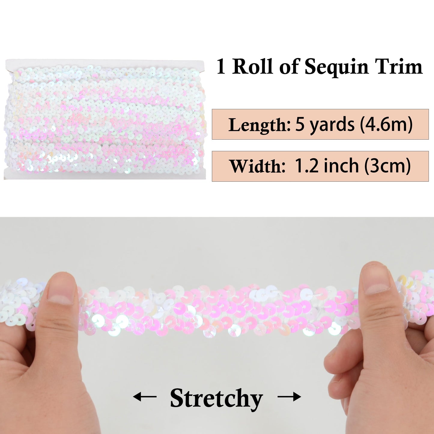 Elastic Sequin Trim, 1.2 Inch 3 Row Flat Glitter Paillette Sequin Ribbon, Metallic Stretch Sequin Strip Sewing DIY Craft, 5 Yards