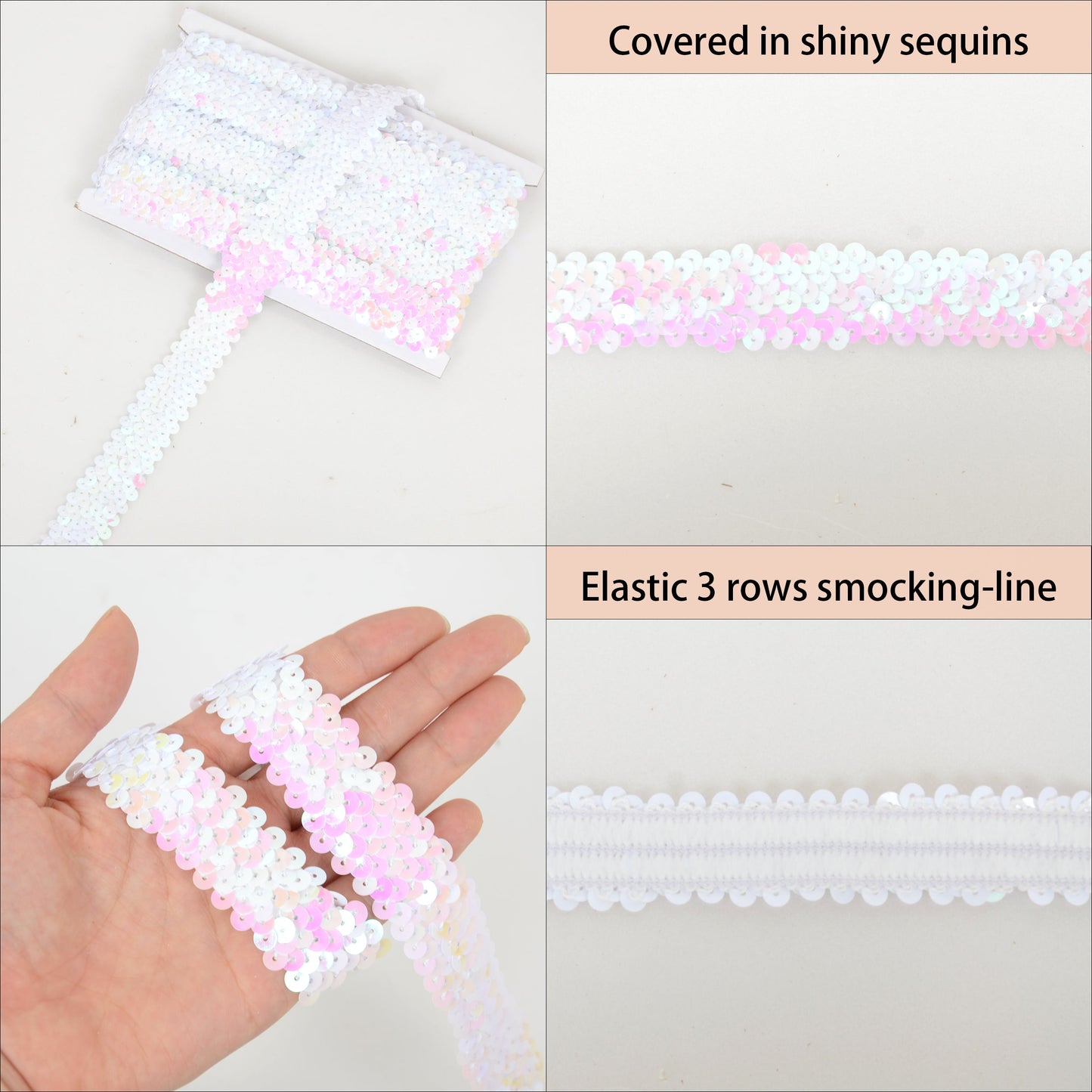 Elastic Sequin Trim, 1.2 Inch 3 Row Flat Glitter Paillette Sequin Ribbon, Metallic Stretch Sequin Strip Sewing DIY Craft, 5 Yards