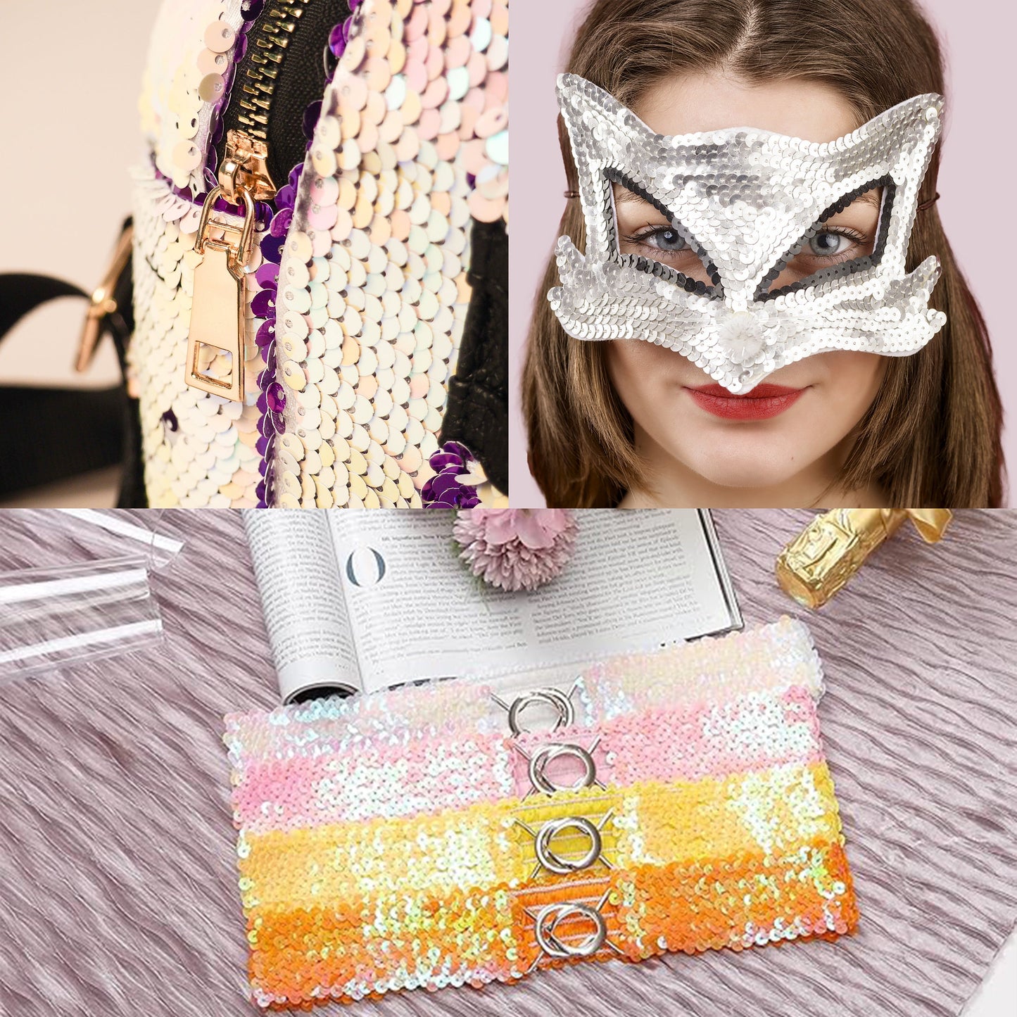 Elastic Sequin Trim, 1.2 Inch 3 Row Flat Glitter Paillette Sequin Ribbon, Metallic Stretch Sequin Strip Sewing DIY Craft, 5 Yards