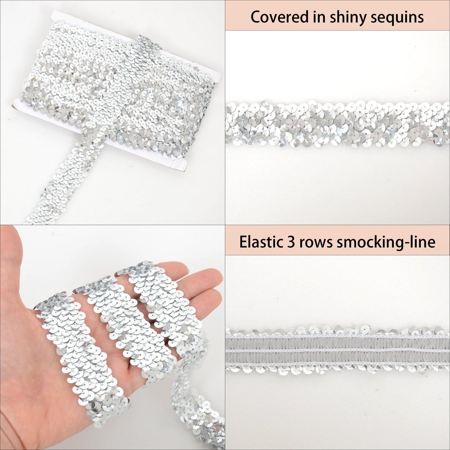 Elastic Sequin Trim, 1.2 Inch 3 Row Flat Glitter Paillette Sequin Ribbon, Metallic Stretch Sequin Strip Sewing DIY Craft, 5 Yards