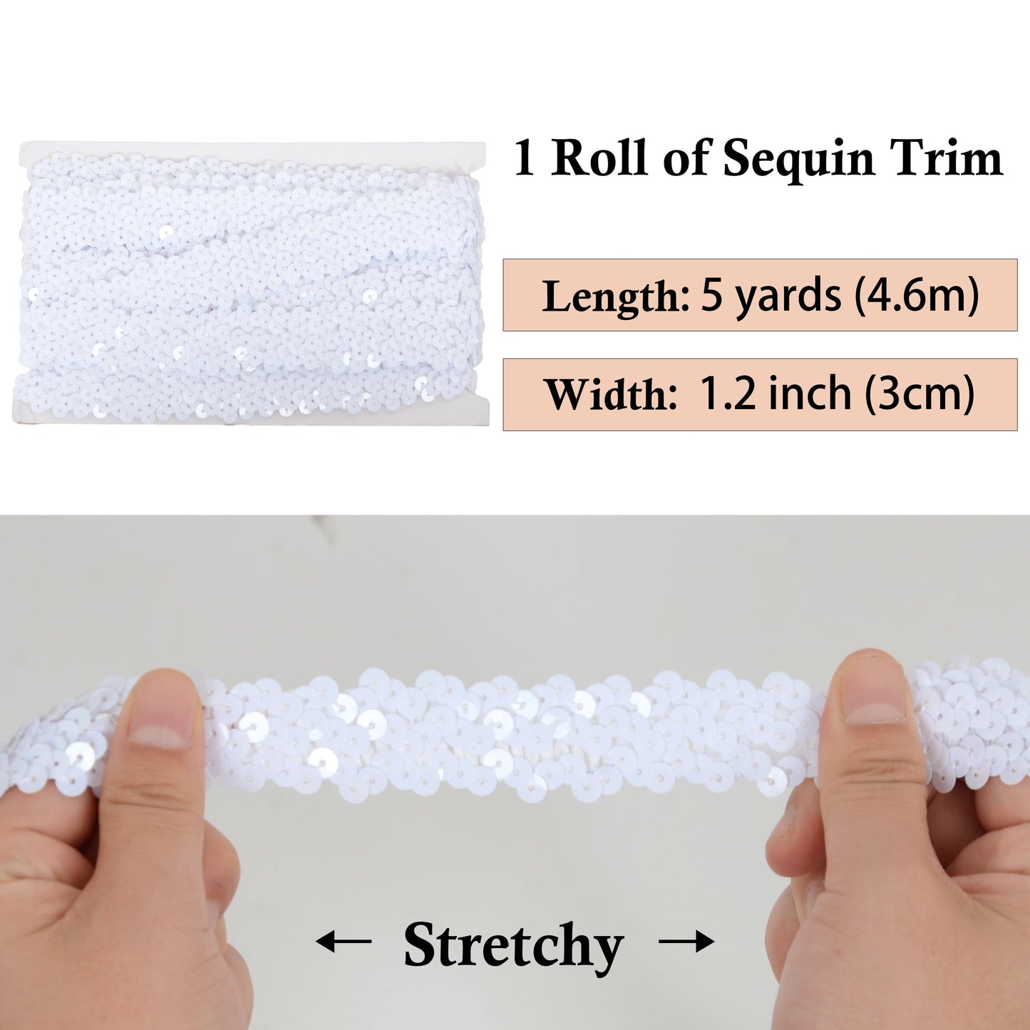 Elastic Sequin Trim, 1.2 Inch 3 Row Flat Glitter Paillette Sequin Ribbon, Metallic Stretch Sequin Strip Sewing DIY Craft, 5 Yards