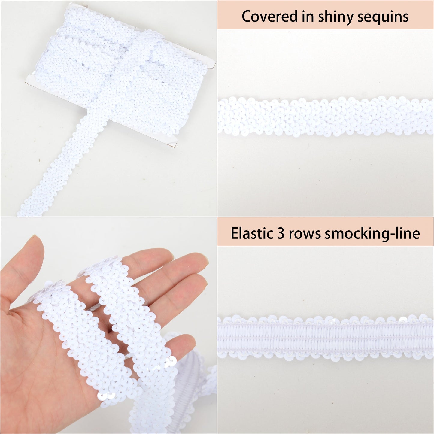 Elastic Sequin Trim, 1.2 Inch 3 Row Flat Glitter Paillette Sequin Ribbon, Metallic Stretch Sequin Strip Sewing DIY Craft, 5 Yards