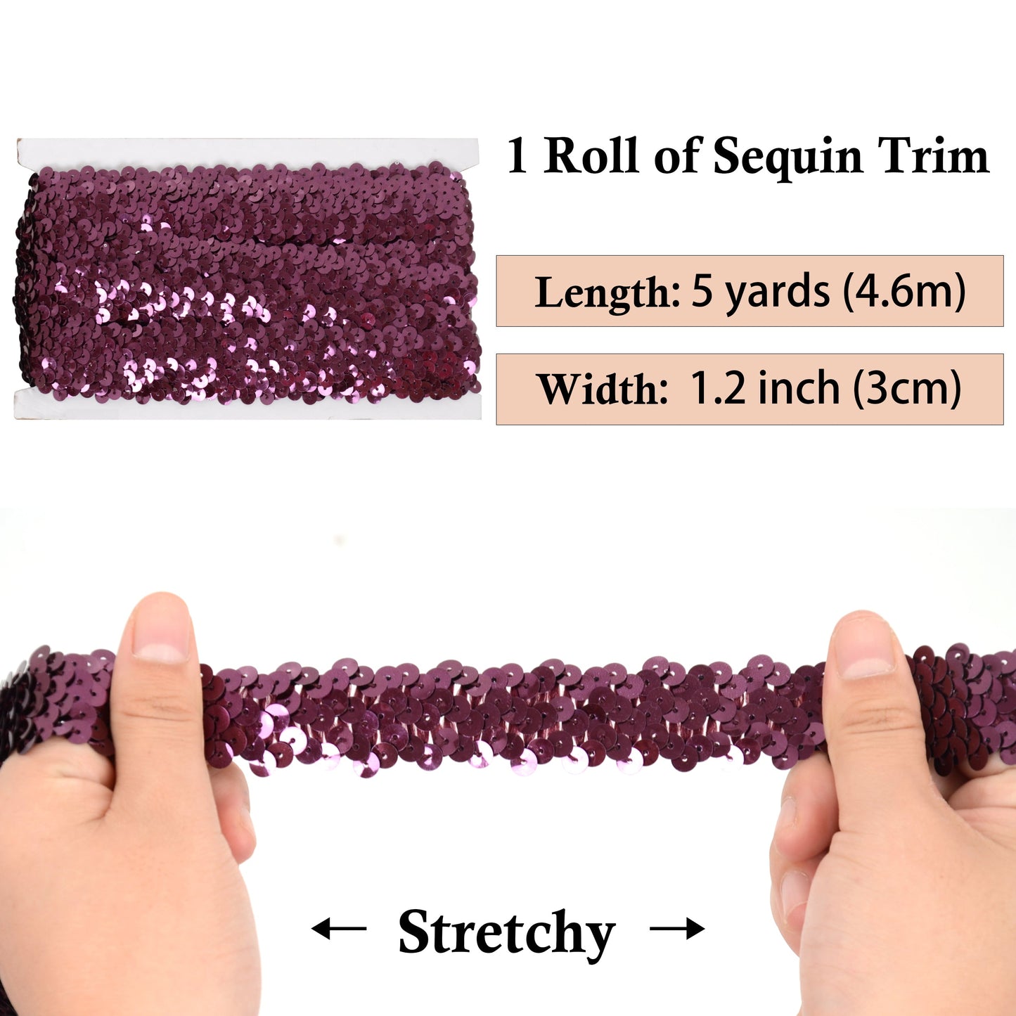 Elastic Sequin Trim, 1.2 Inch 3 Row Flat Glitter Paillette Sequin Ribbon, Metallic Stretch Sequin Strip Sewing DIY Craft, 5 Yards