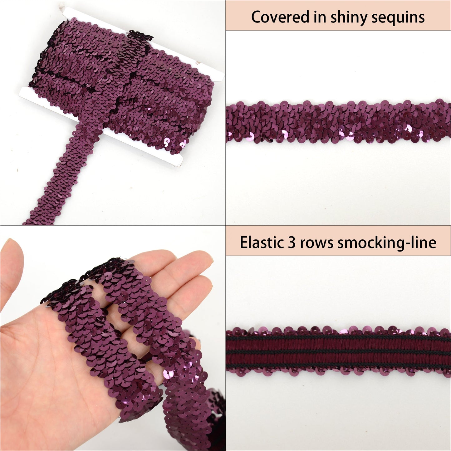 Elastic Sequin Trim, 1.2 Inch 3 Row Flat Glitter Paillette Sequin Ribbon, Metallic Stretch Sequin Strip Sewing DIY Craft, 5 Yards