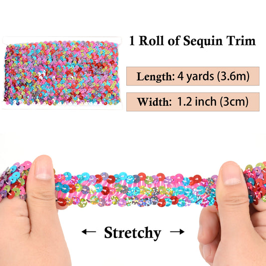 Elastic Sequin Trim, 1.2 Inch 3 Row Multicolored Flat Glitter Paillette Sequin Ribbon, Metallic Stretch Sequin Strip Sewing DIY Craft, 4 Yards